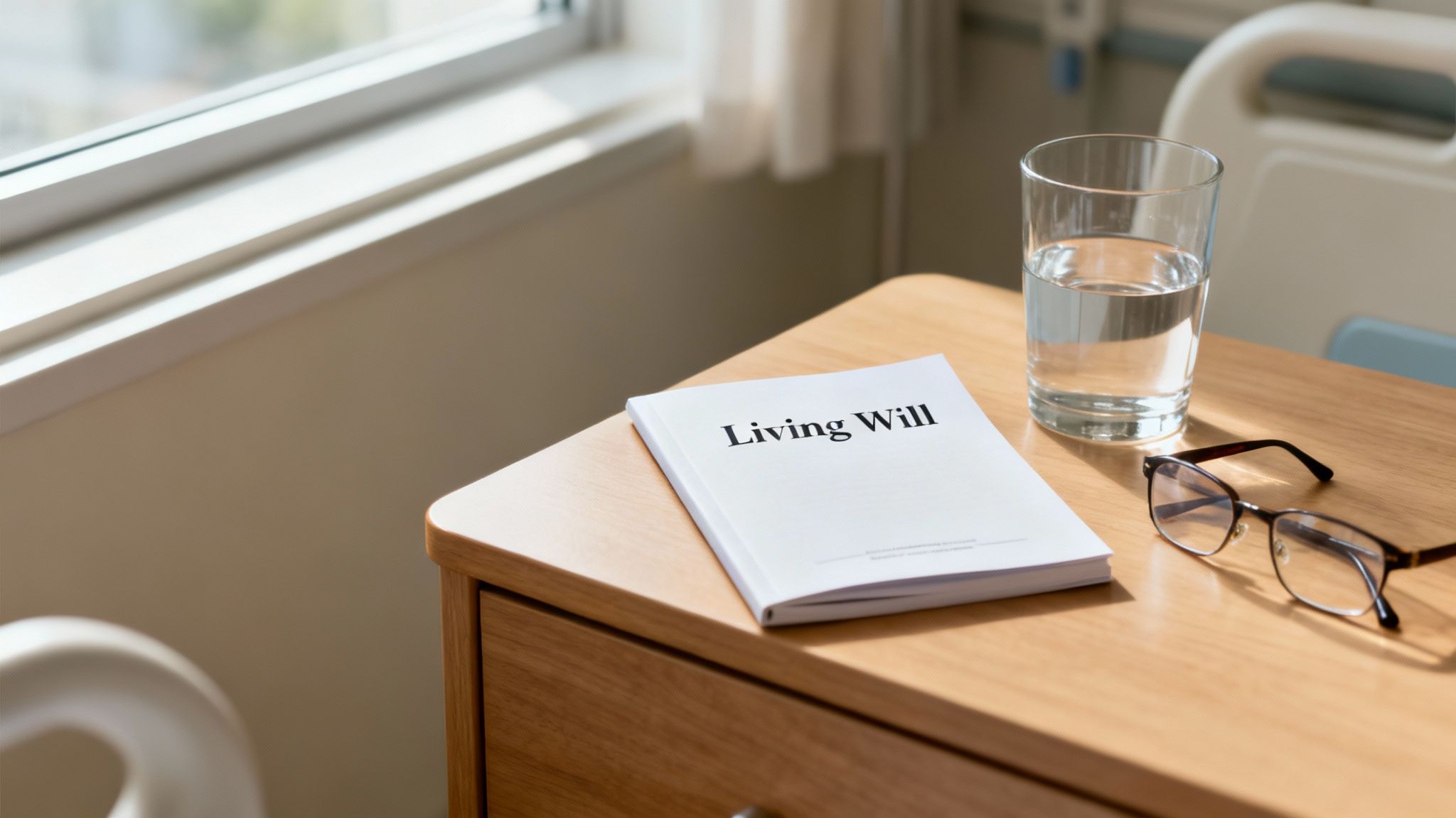 What Is a Living Will? A Guide to Your Medical Wishes in Arkansas 1 A 'Living Will' document, a glass of water, and reading glasses on a wooden nightstand in a hospital room.