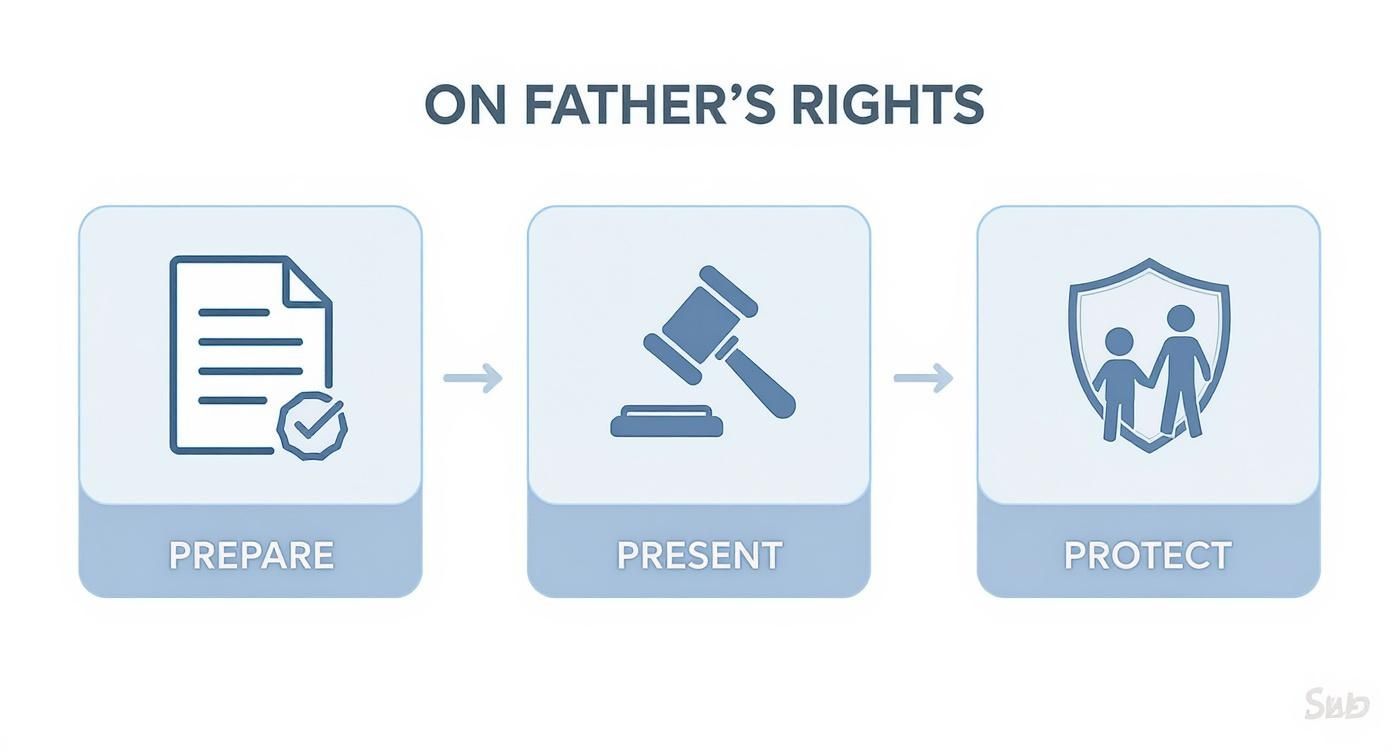 Best Divorce Attorney for a Man Near Me: A Guide for Arkansas Fathers 3 A three-step infographic outlining how to prepare, present, and protect father's rights in legal matters.