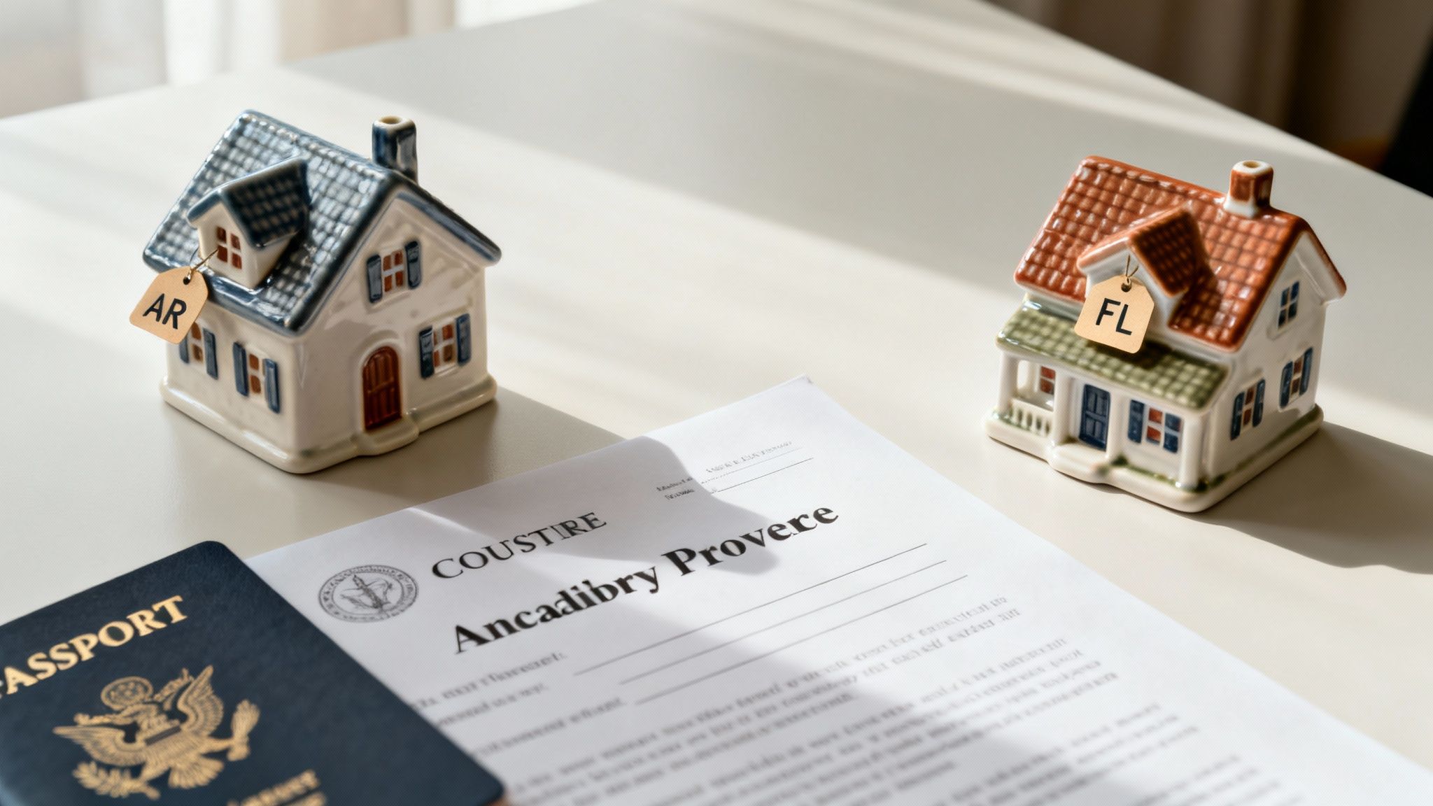 What Assets Go Through Probate in Arkansas Explained Simply 3 Miniature houses with AR and FL tags, a passport, and legal documents on a white table.