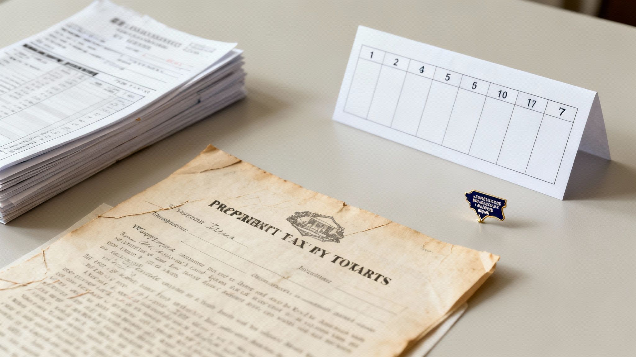 Adverse Possession in Arkansas: A Simple Guide 2 A table with a stack of white papers, an old property tax document, a numbered stand, and a decorative pin.