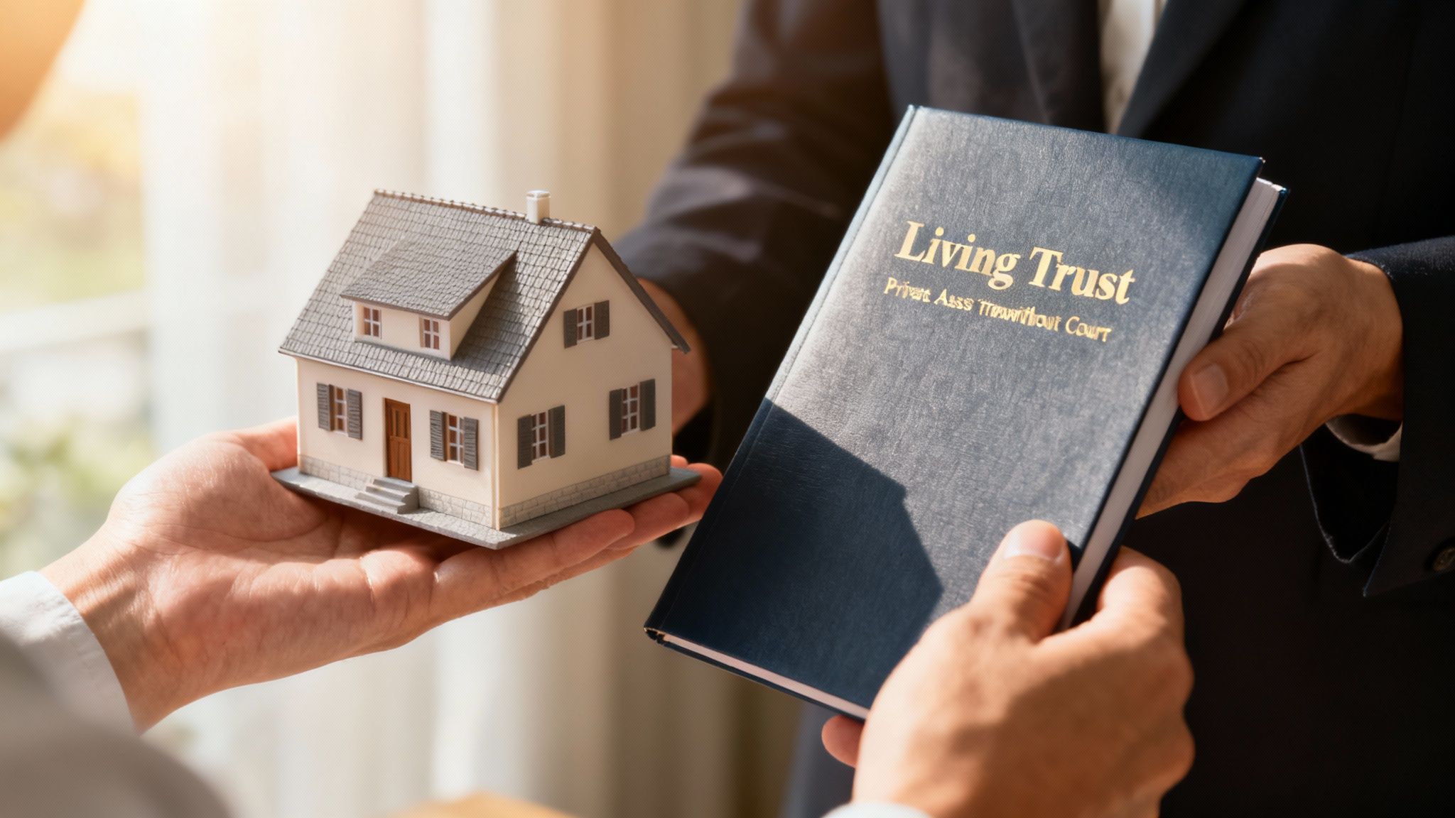 How to Avoid Probate Nightmares in Arkansas 2 A calm family reviewing a legal document in a bright, modern living room, representing a private and peaceful estate settlement.