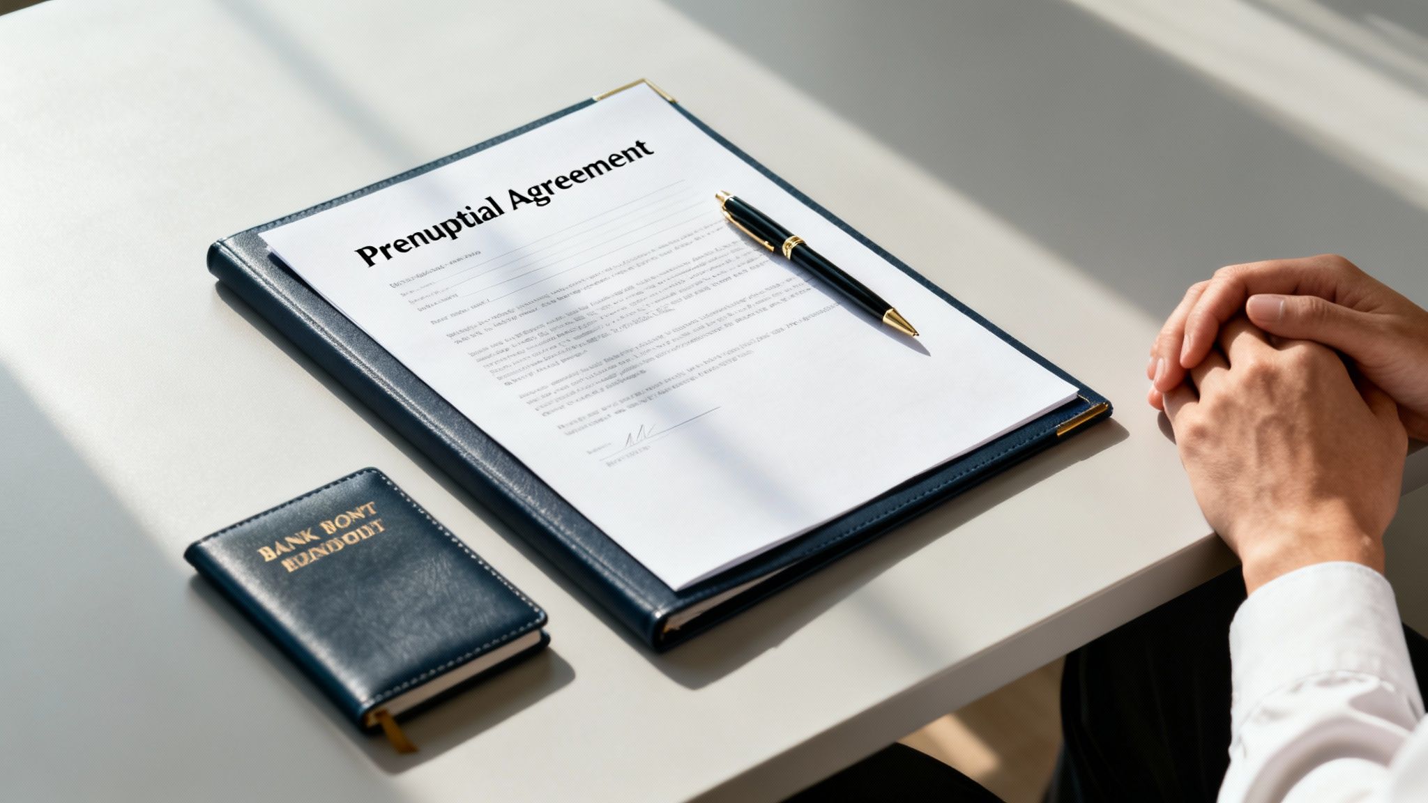 What Is Community Property in Arkansas? A Simple Guide 3 A prenuptial agreement document and a pen on a table, with a person's clasped hands.