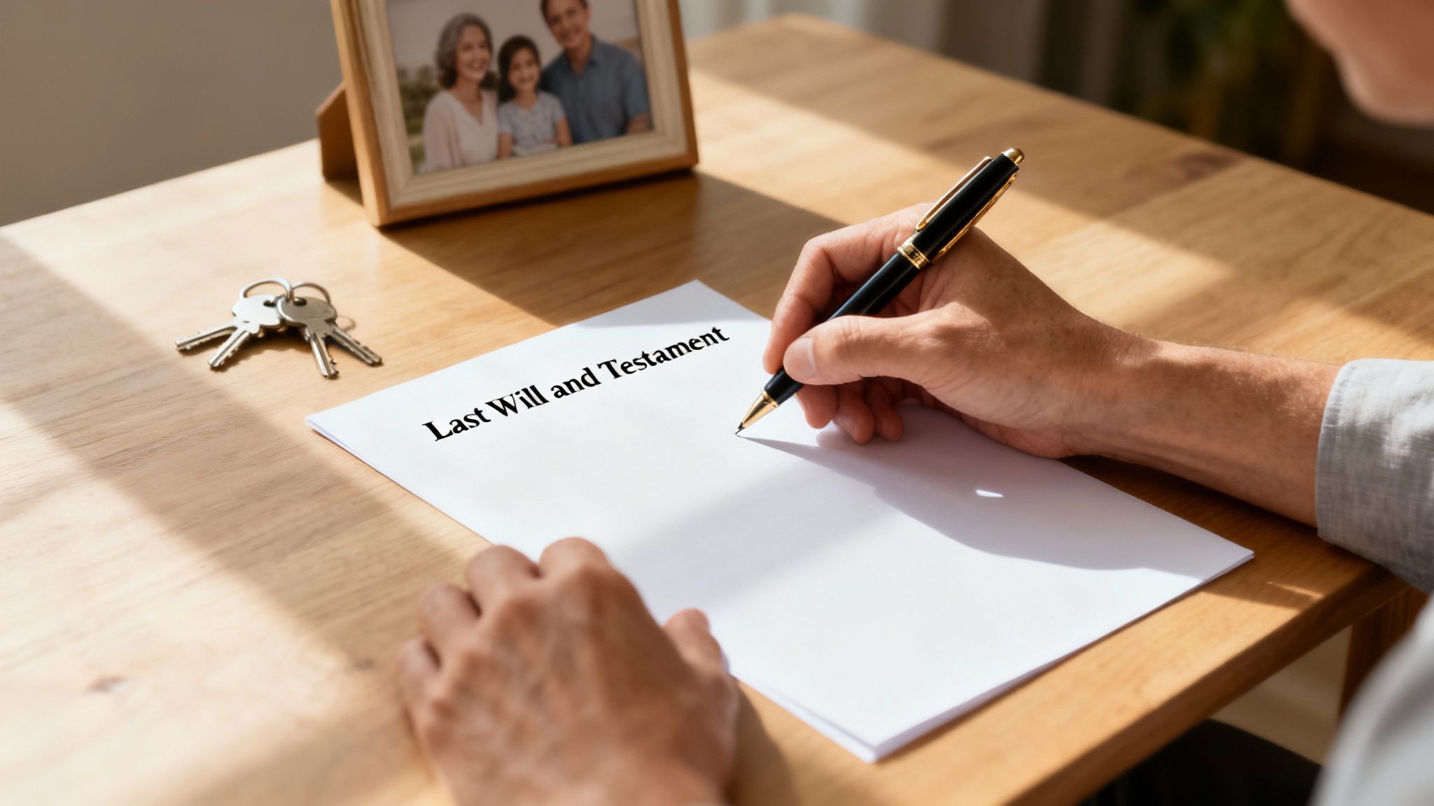 What Is Intestate Succession in Arkansas and How It Works 3 A person signs a 'Last Will and Testament' document, with house keys and a family photo on a wooden desk.
