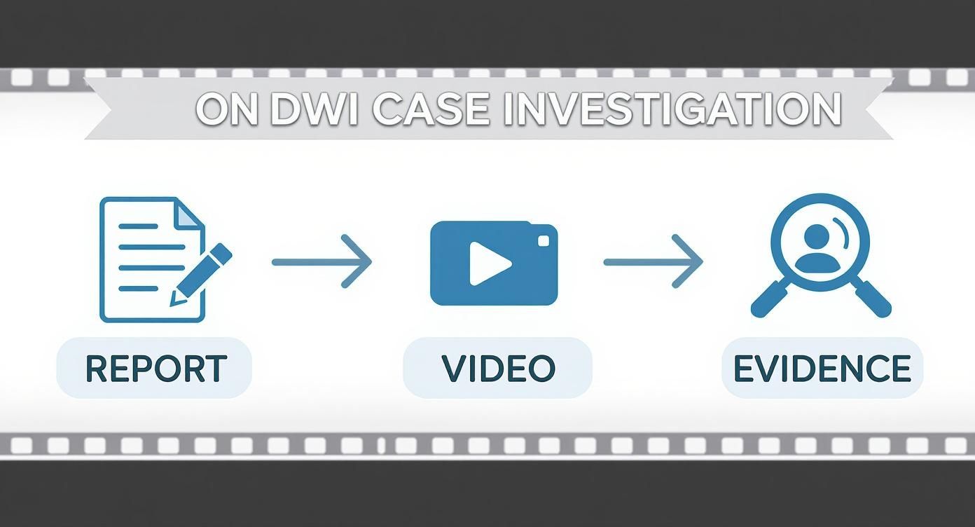 What an Arkansas DWI Lawyer Does for You 2 DWI case investigation workflow diagram showing progression from report through video to evidence collection