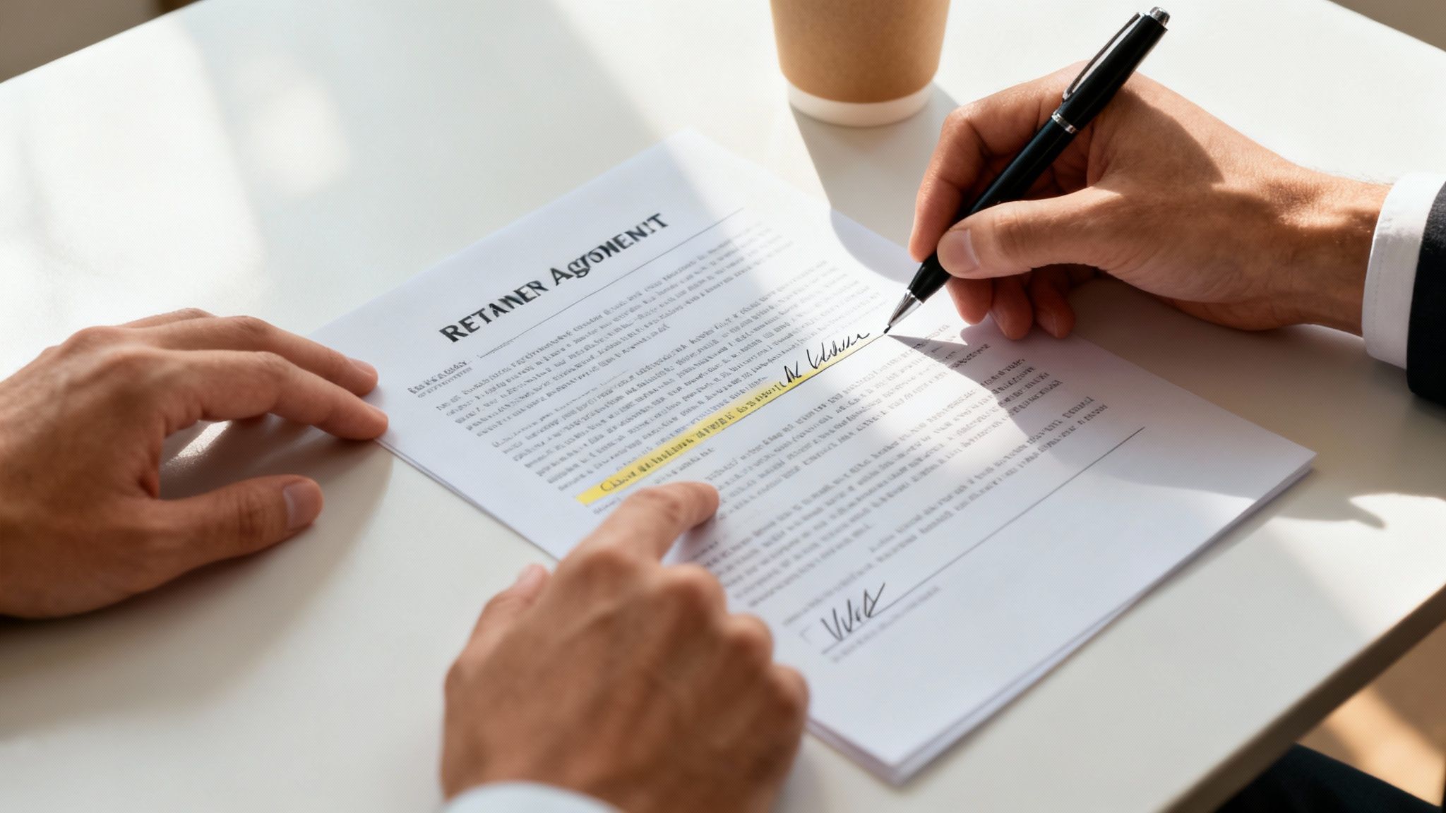 Find an Attorney for Men in Divorce in Arkansas Today 4 Close-up of two men reviewing and signing a retainer agreement on a white desk.