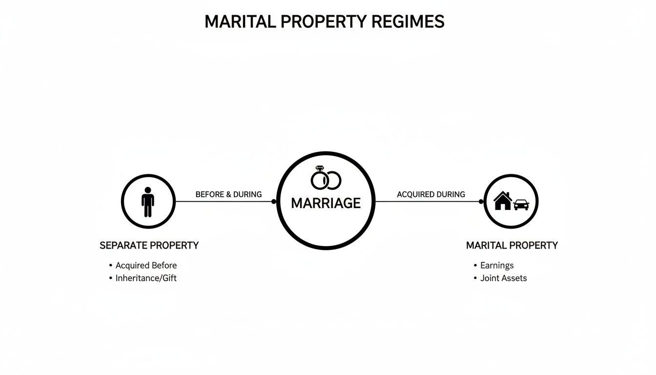 What Is Marital Property in an Arkansas Divorce? 1 Diagram illustrating marital property regimes, distinguishing separate property from marital property acquired before and during marriage.