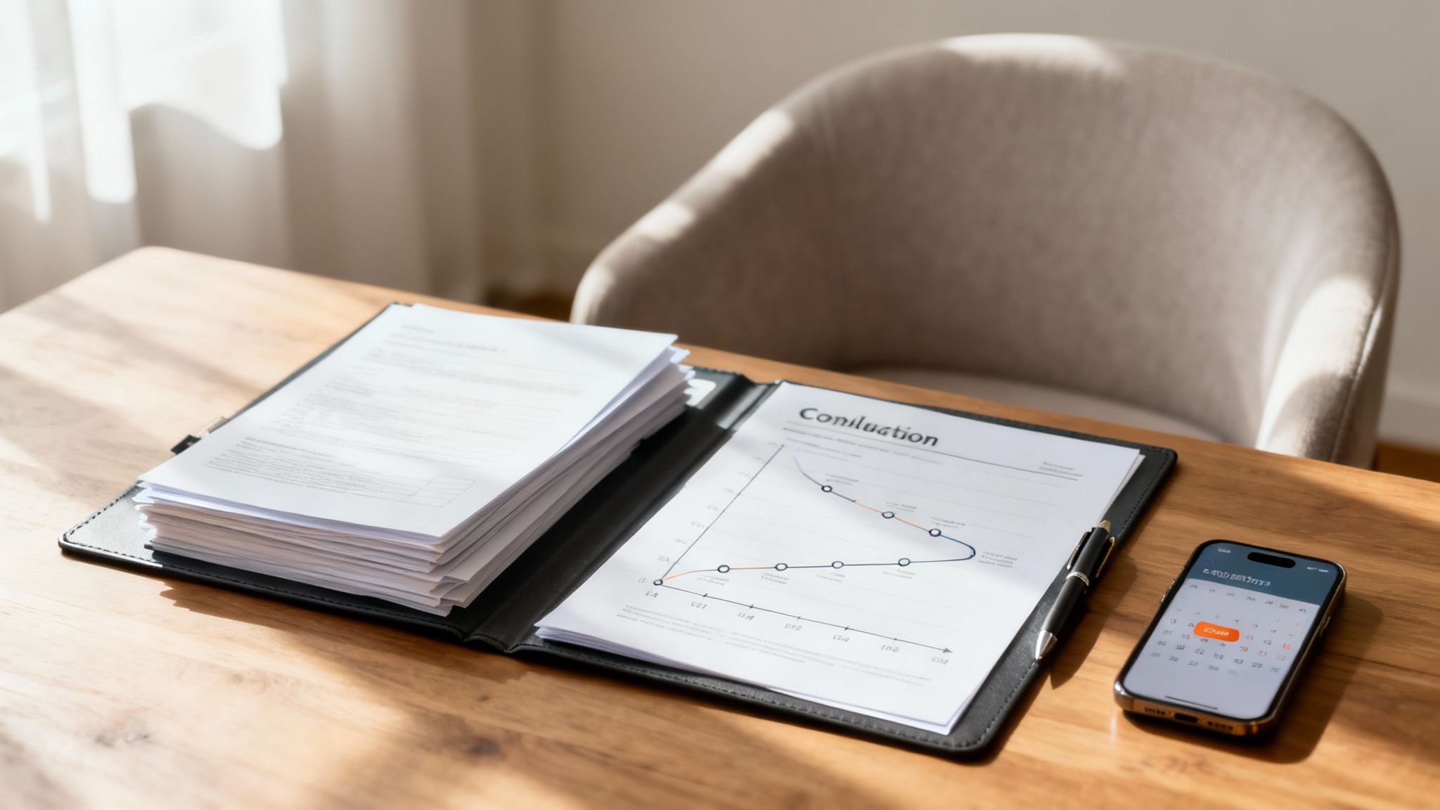 Find a Divorce Attorney Near Me in Arkansas Today 2 A person sitting at a desk, organized with documents and a notepad, getting ready for a meeting.