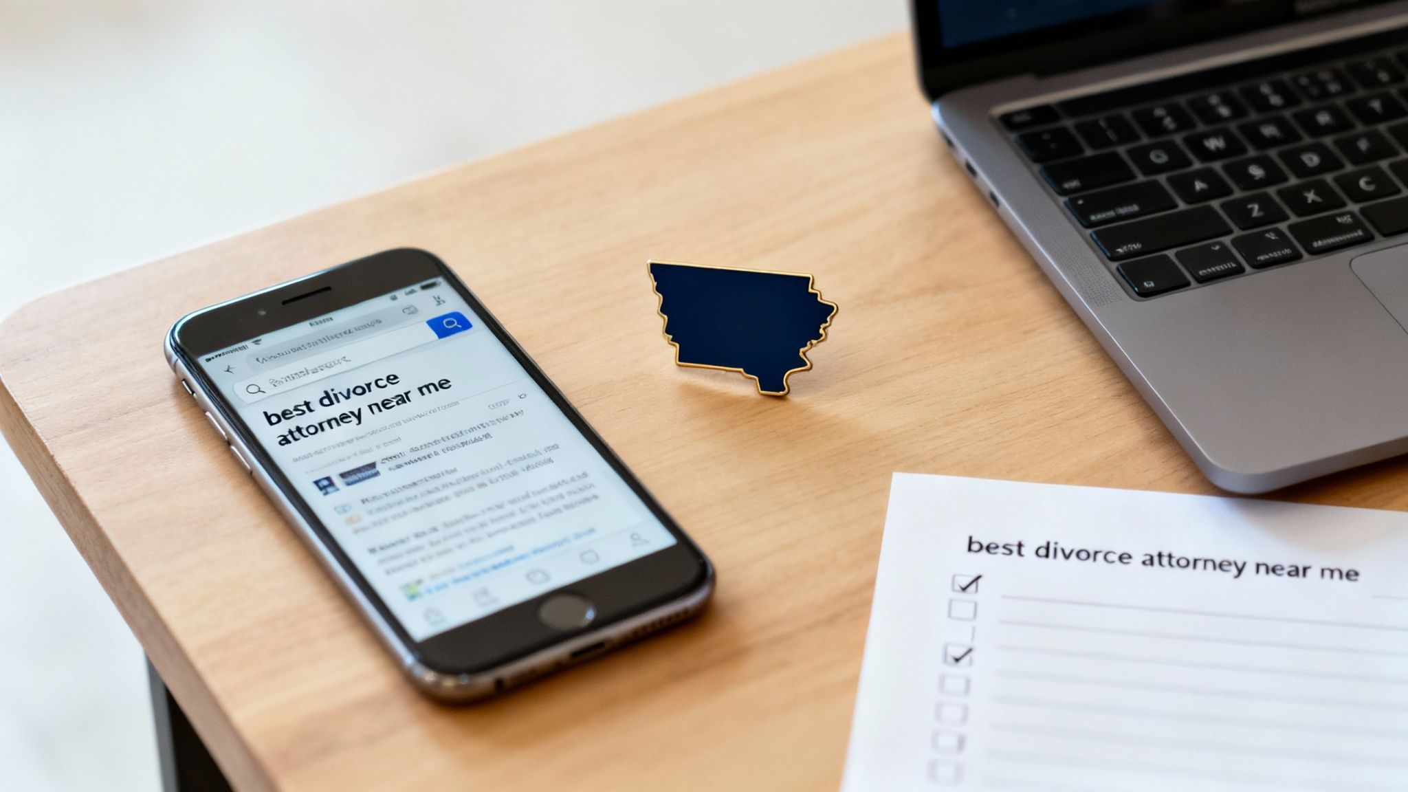 Finding the Best Divorce Attorney Near Me 1 Smartphone displays 'best divorce attorney near me' search results, with an Iowa state pin and laptop on a desk.