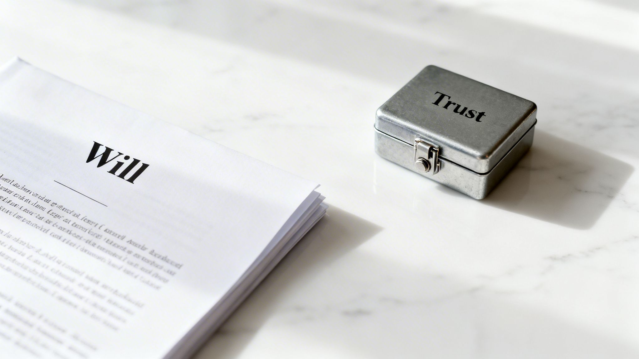 Estate Planning for Business Owners in Arkansas: Protecting What You Built 3 A document titled 'Will' next to a metal box labeled 'Trust' on a marble surface.