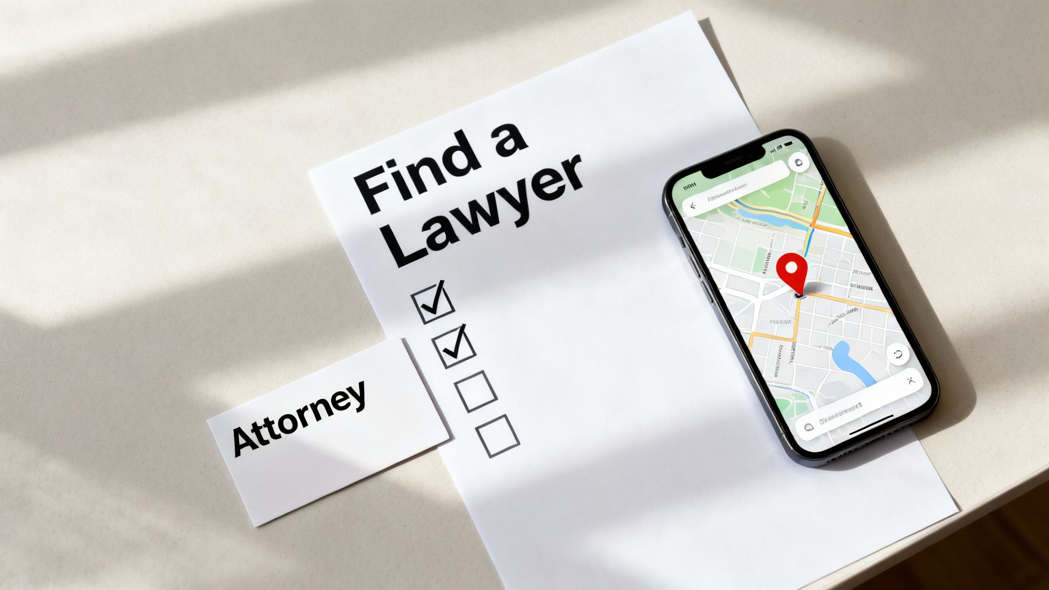 Contested Divorce Attorney in Arkansas - Find Local Help 3 A smartphone displaying a map with a pin next to a paper checklist for finding a lawyer, and an 'Attorney' card.
