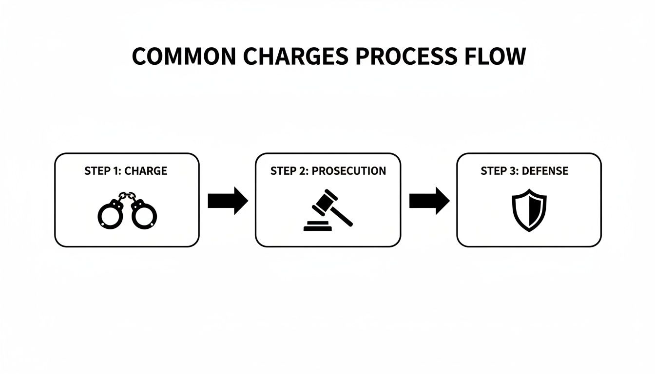 Finding a Fayetteville Criminal Defense Attorney for Your Case 2 A flowchart illustrates the common legal charges process: Charge (handcuffs), Prosecution (gavel), and Defense (shield).