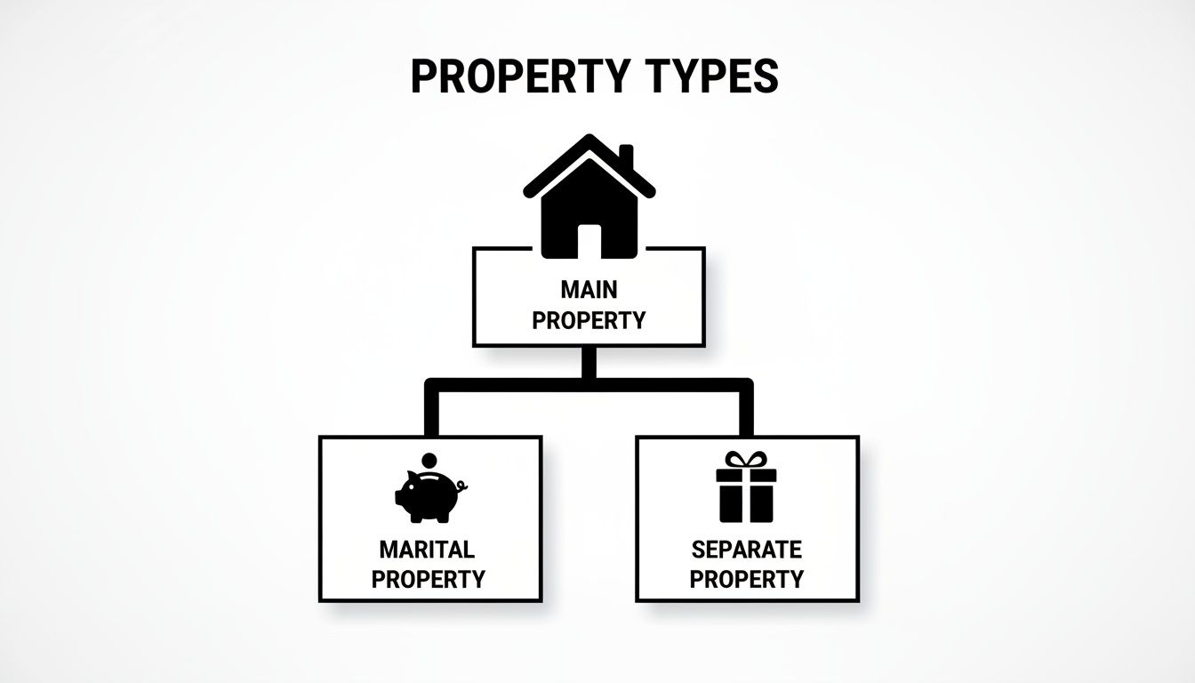 What is Equitable Distribution in Arkansas? A Guide to Dividing Property in Divorce 1 A flowchart illustrating property types, detailing main property, marital property, and separate property.