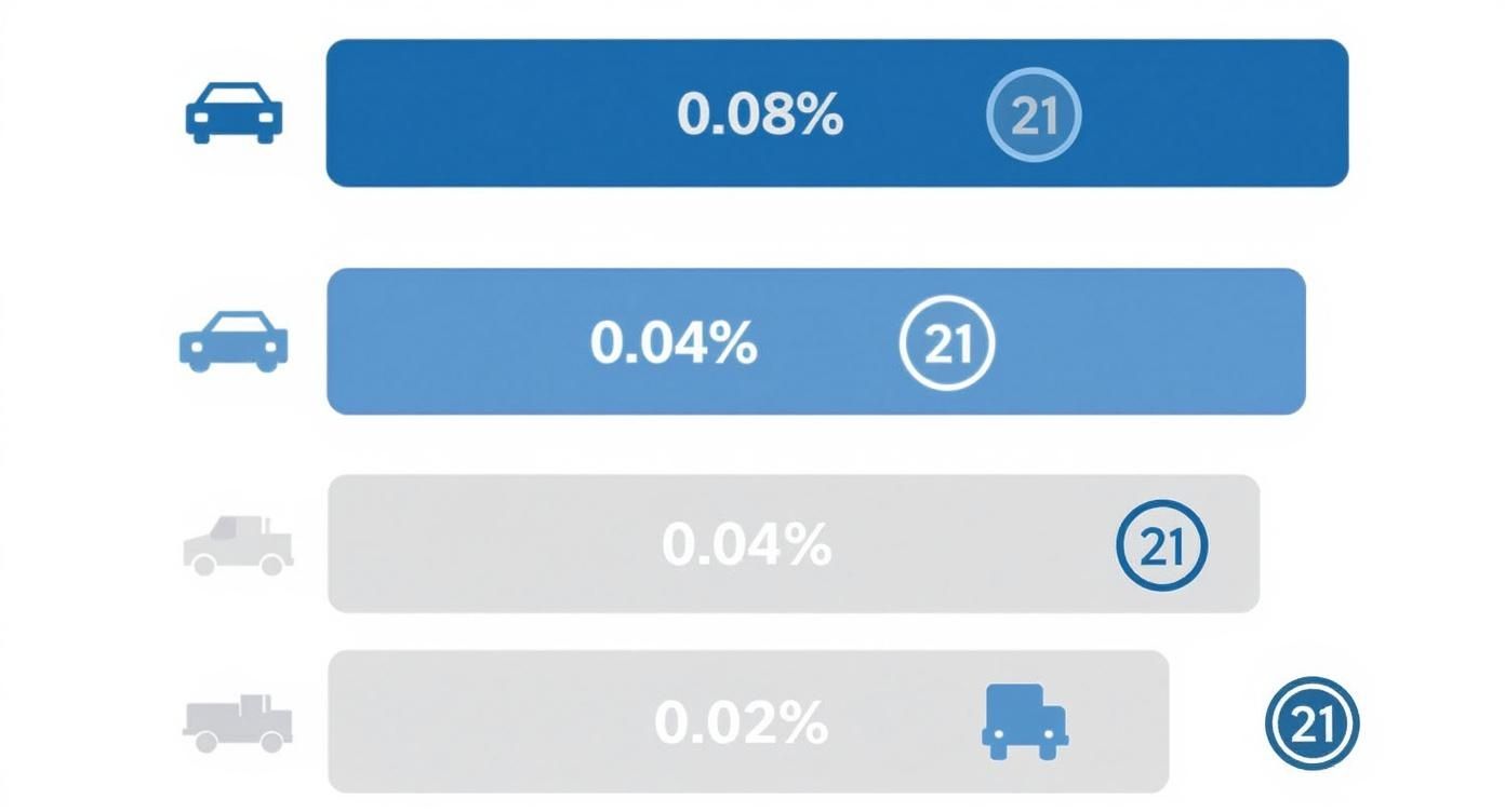 AR DWI Laws: A Simple Guide to What Happens Next 2 Infographic displaying vehicle types, percentages (0.08%, 0.04%, 0.02%), and the number 21.