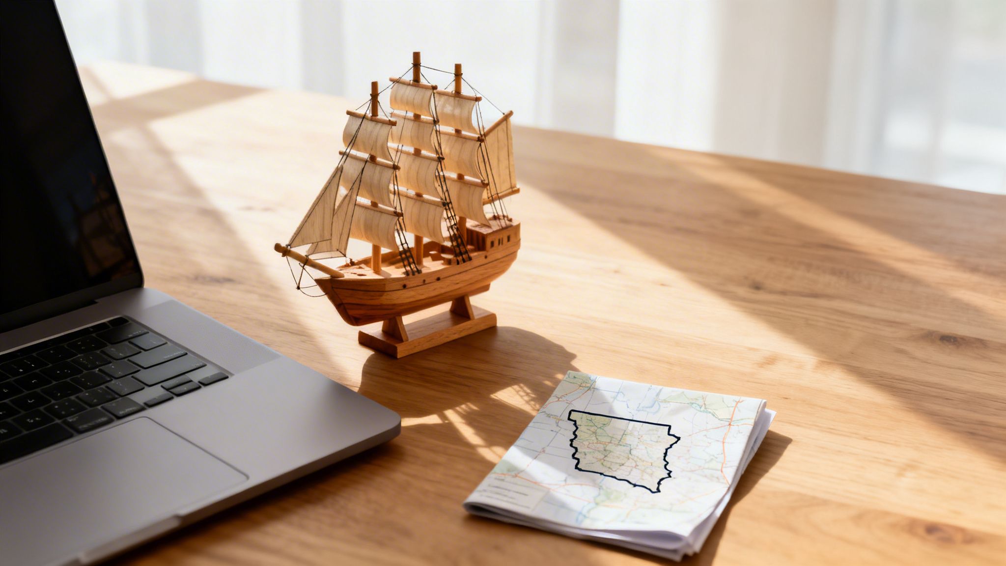 Estate Planning for Business Owners in Arkansas: Protecting What You Built 1 A laptop, a wooden model ship, and a map with a highlighted region on a sunlit wooden table.
