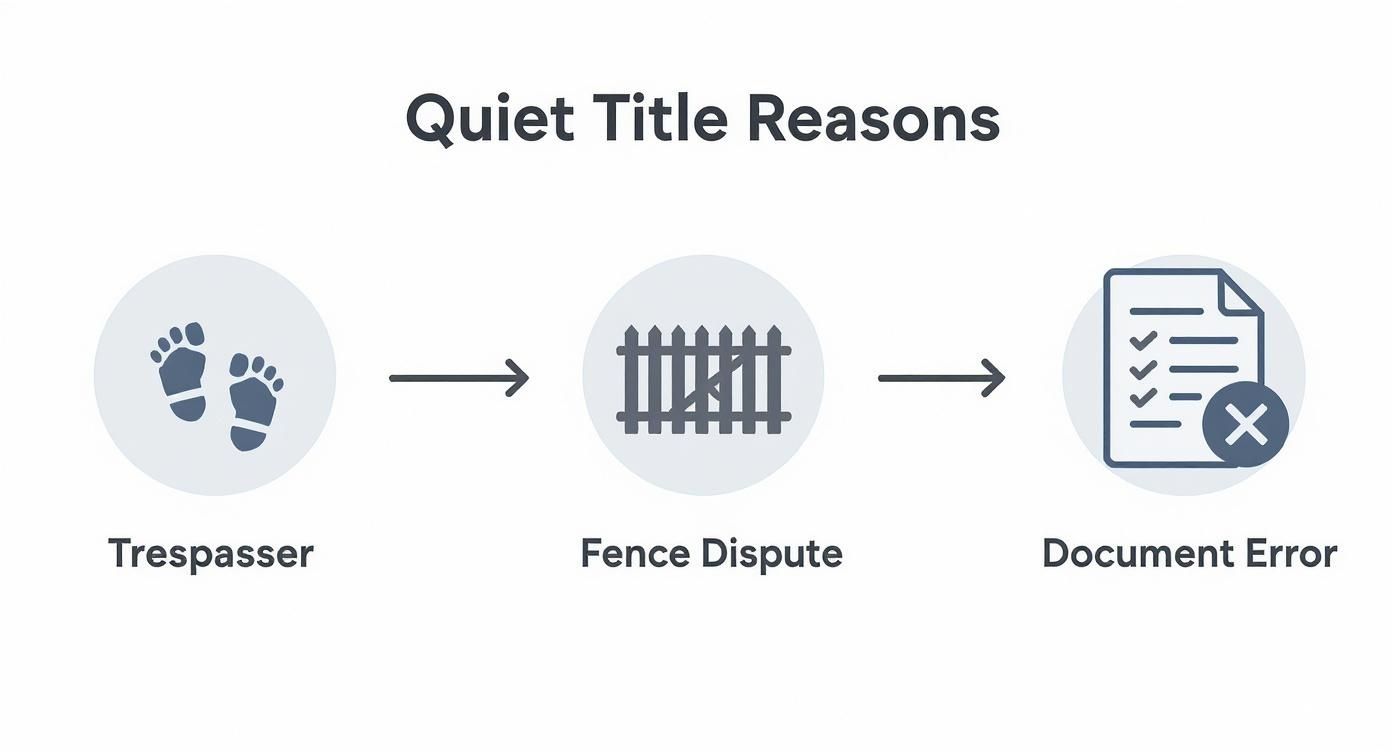 Quiet Title Arkansas: A Simple Guide to Protecting Your Land 3 Infographic illustrating common reasons for quiet title actions: trespassers, fence disputes, and document errors.