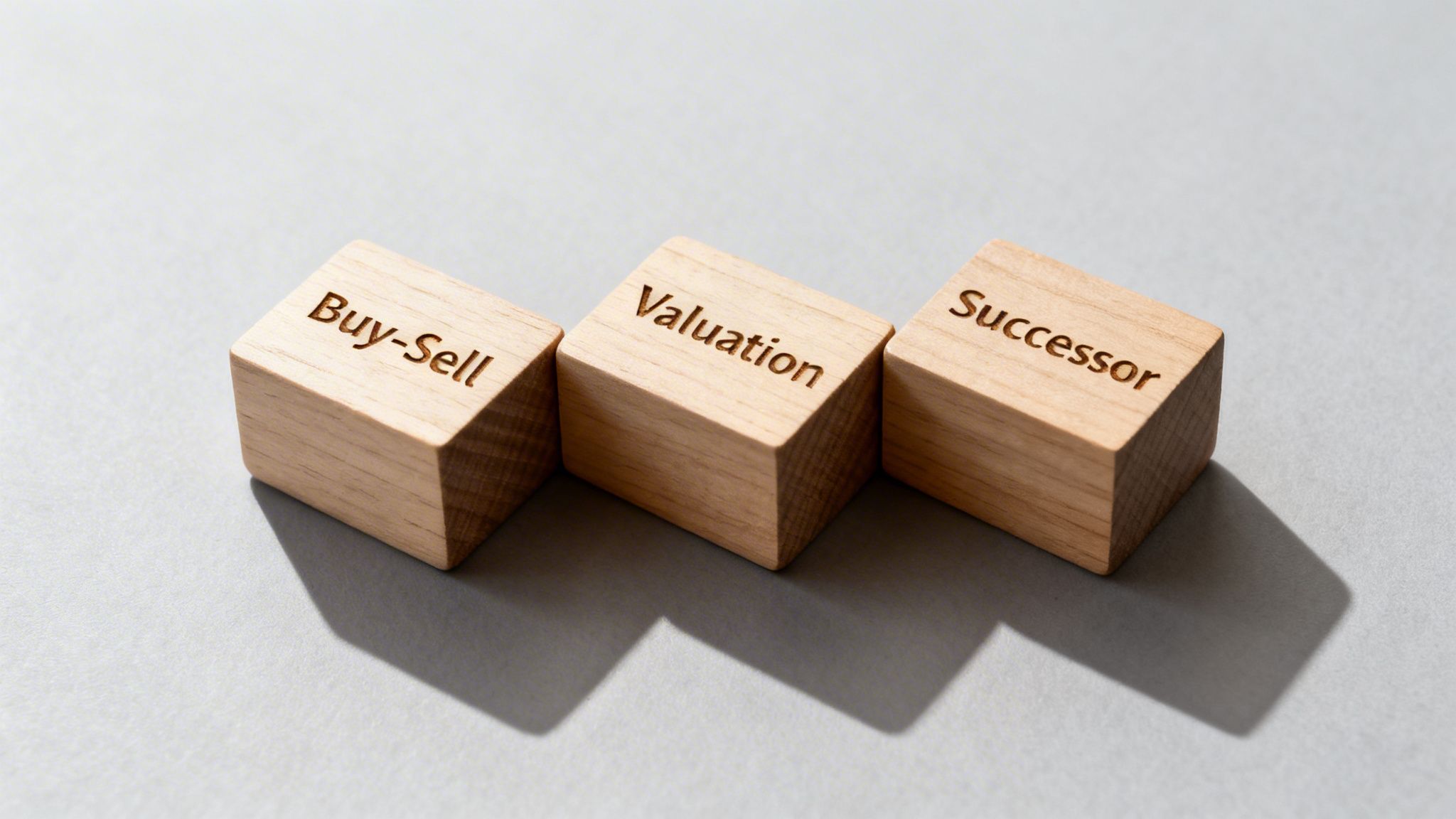 Estate Planning for Business Owners in Arkansas: Protecting What You Built 2 Three wooden blocks spell out 'Buy-Sell', 'Valuation', and 'Successor' on a grey surface.