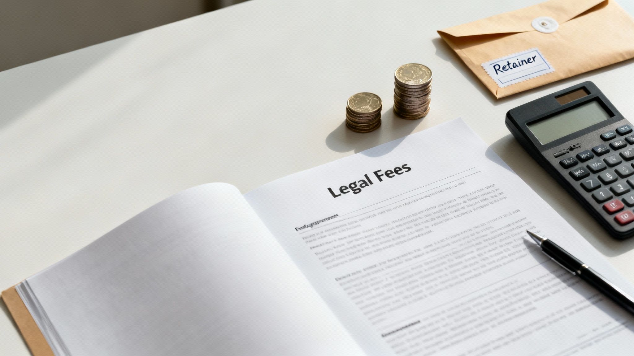 How to Find the Best DWI Lawyer Near Me: A Step-by-Step Guide 4 Legal fees document with calculator, coins, pen, and retainer envelope on desk
