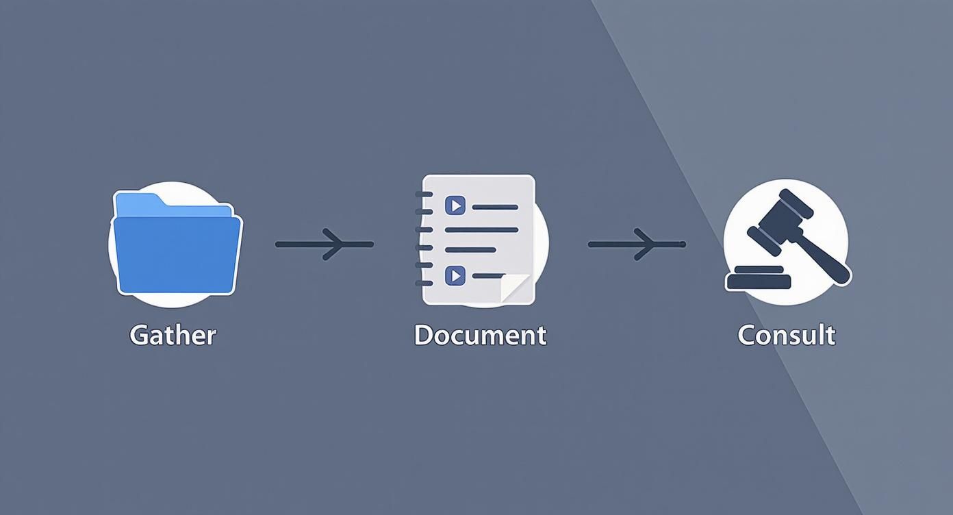 How to get full custody: A Guide for Arkansas Parents 3 A three-step workflow showing a folder for Gather, a document for Document, and a gavel for Consult.