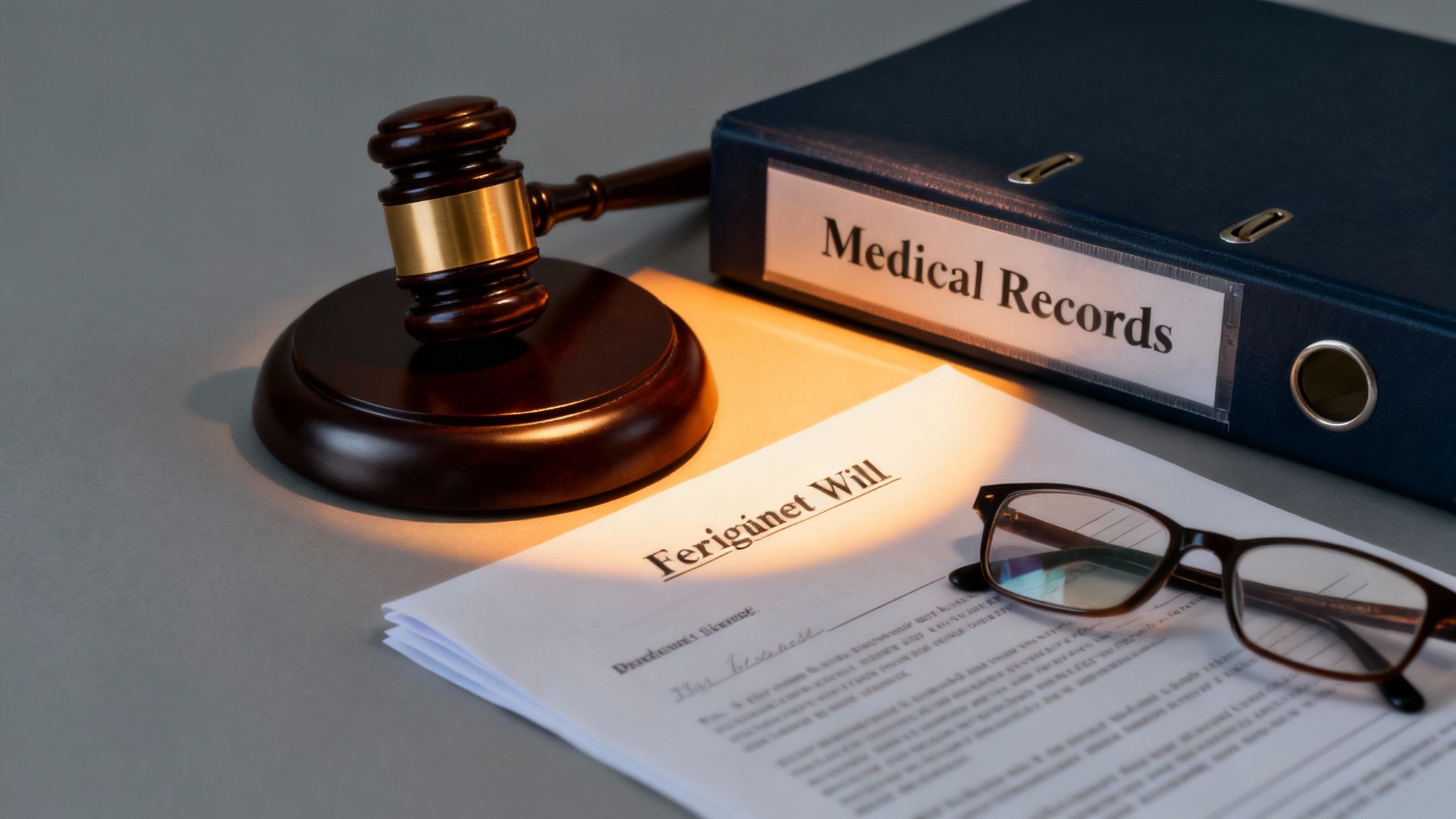 What Is Testamentary Capacity? A Simple Arkansas Guide 2 A gavel, 'Medical Records'binder, a will document, and reading glasses on a table.