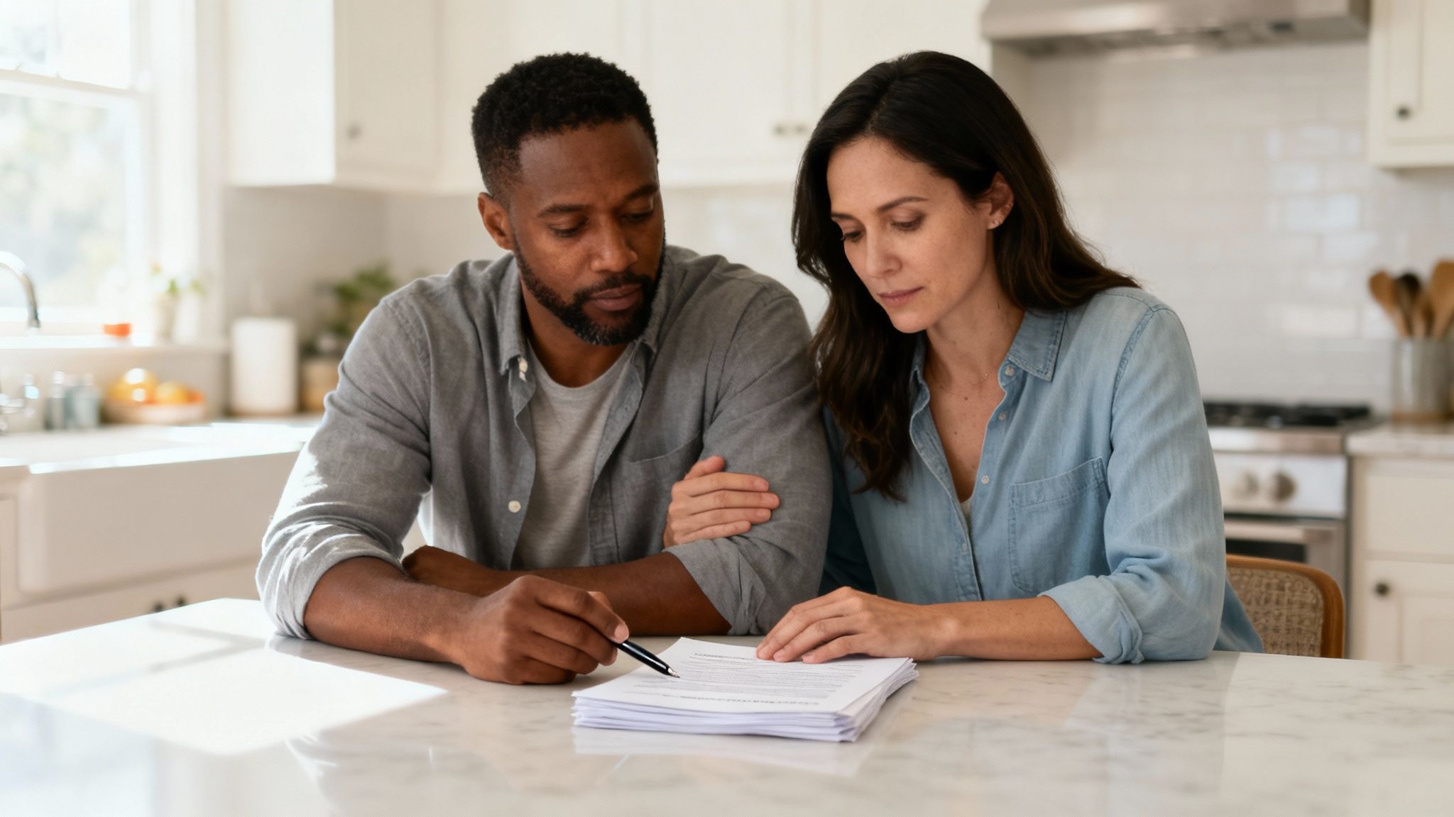 A Simple Guide to Uncontested Divorce Papers in Arkansas 1 A diverse couple sits at a kitchen table, intently reviewing legal or financial documents.