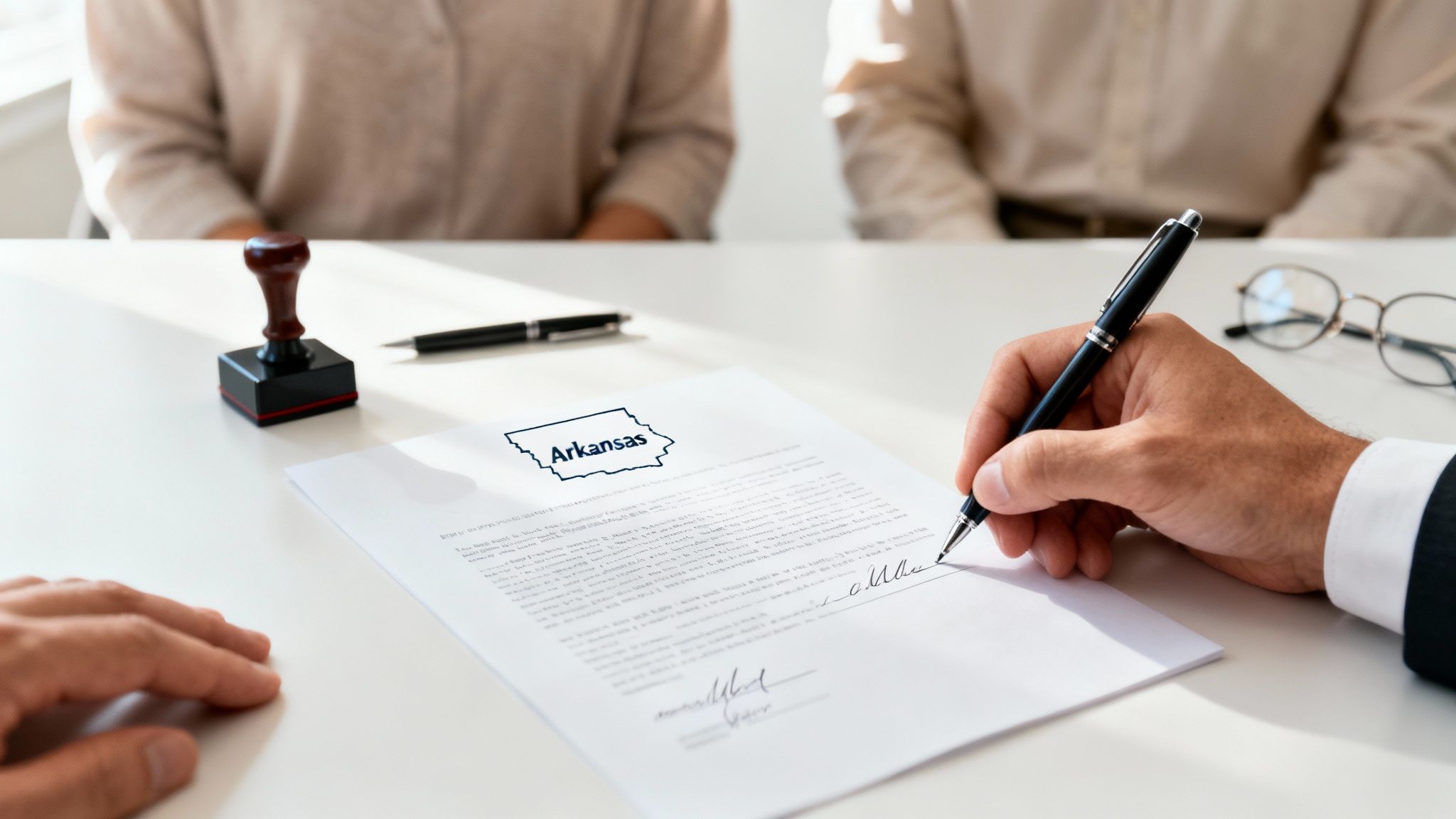 What Is Durable Power of Attorney? An Arkansas Guide 2 A person's hand signs a document with a pen, featuring 'Arkansas' map and a stamp on a desk.