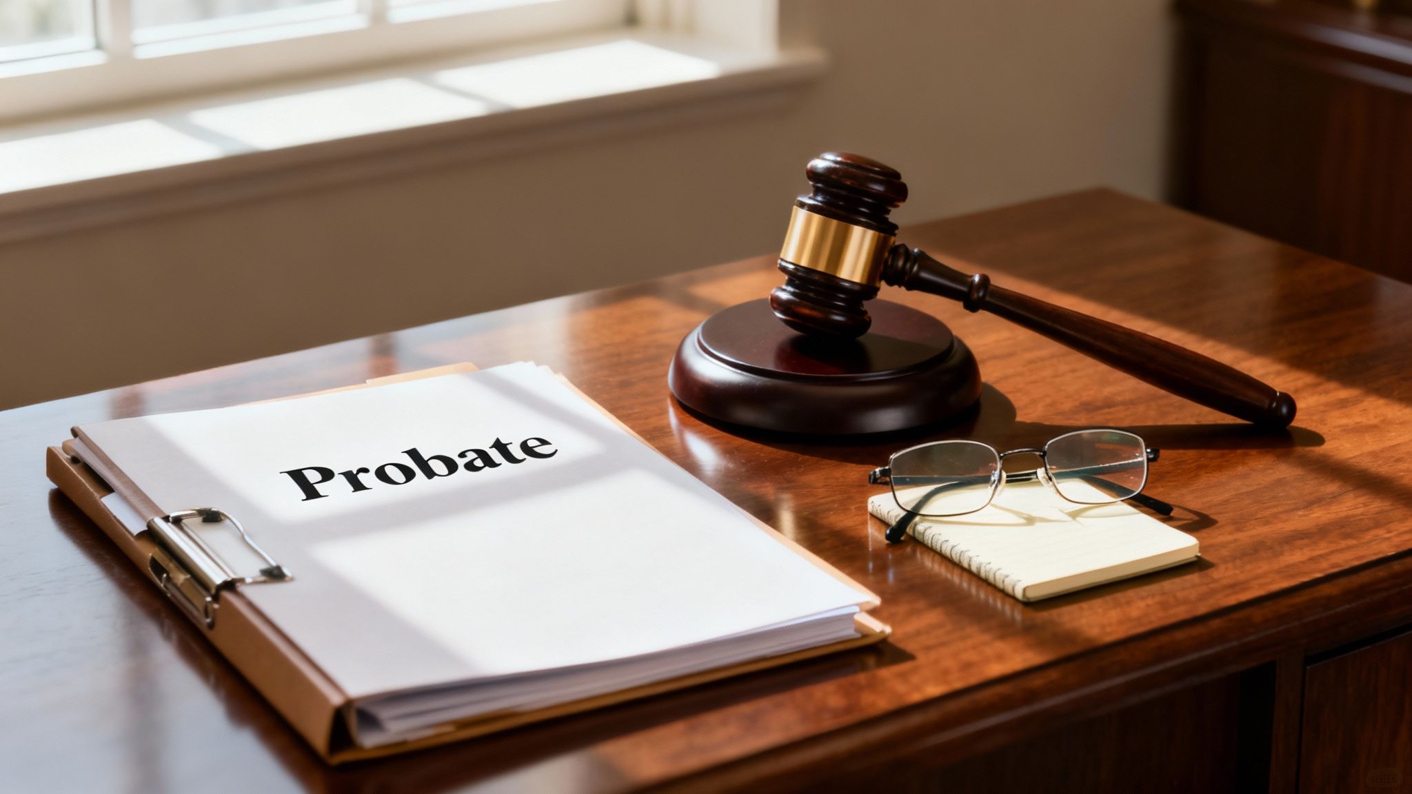 What Is Intestate Succession in Arkansas and How It Works 2 A wooden desk holds a 'Probate' document, a judge's gavel, glasses, and notepad in sunlight.