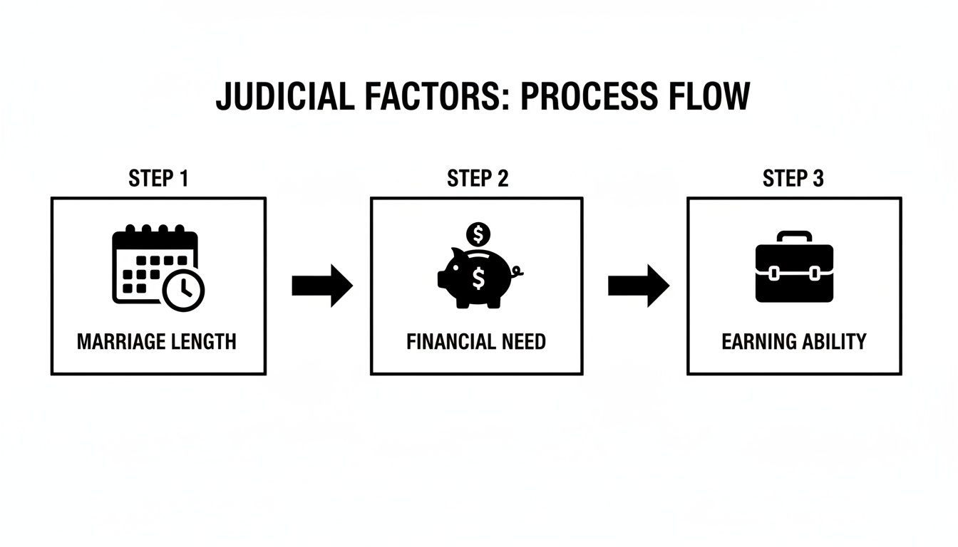 What Is Spousal Maintenance? A Simple Guide to Alimony in Arkansas 2 A process flow diagram illustrating judicial factors for spousal maintenance: marriage length, financial need, and earning ability.