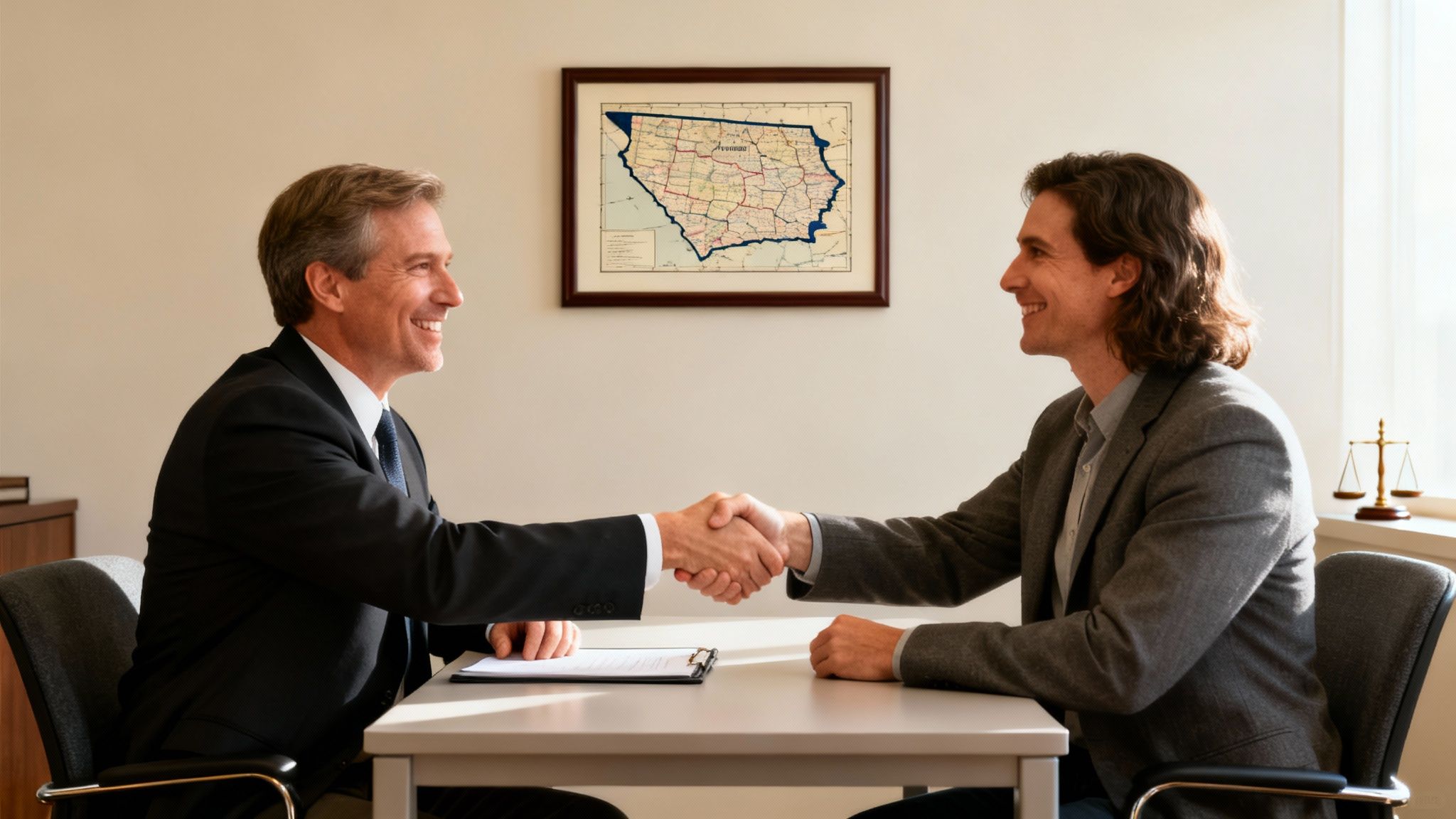 A Simple Guide to Understanding AR DUI Laws 4 Two smiling men in suits shake hands across a table in a professional office setting, symbolizing agreement.