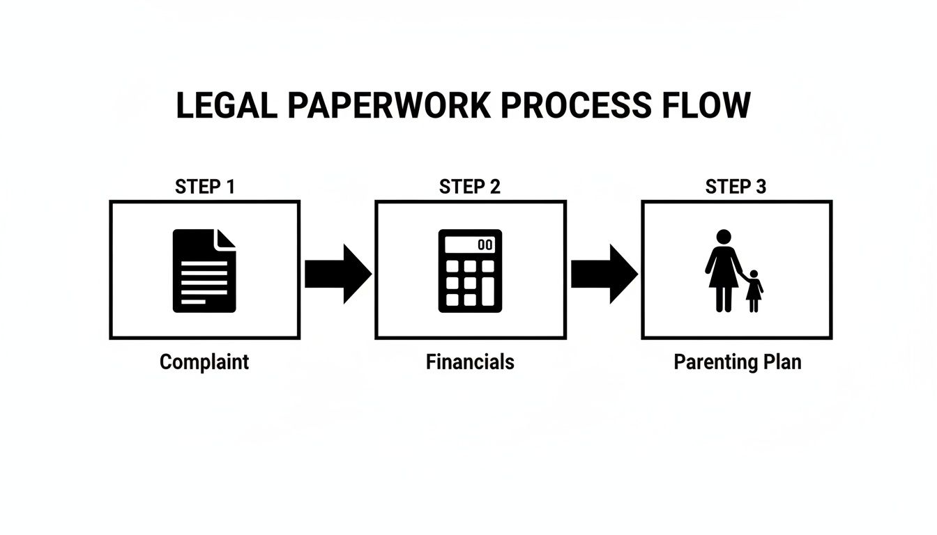 How to File for Legal Separation in Arkansas A Clear Guide 3 A legal paperwork process flow diagram showing three steps: complaint, financials, and parenting plan.