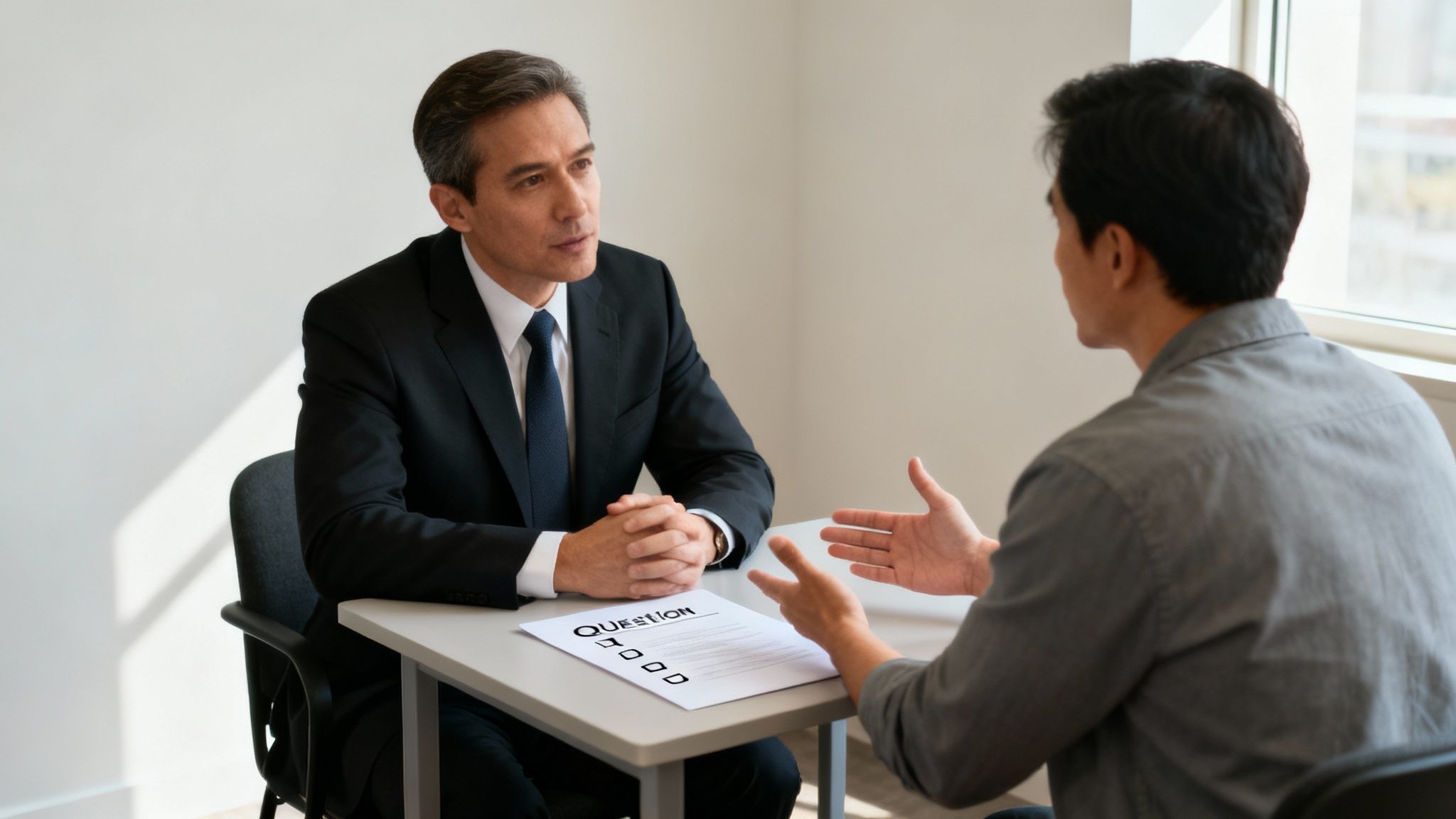 Find Your Expert Attorney for DWI in Arkansas Today 3 A person in a suit asking questions during a meeting in a professional office.