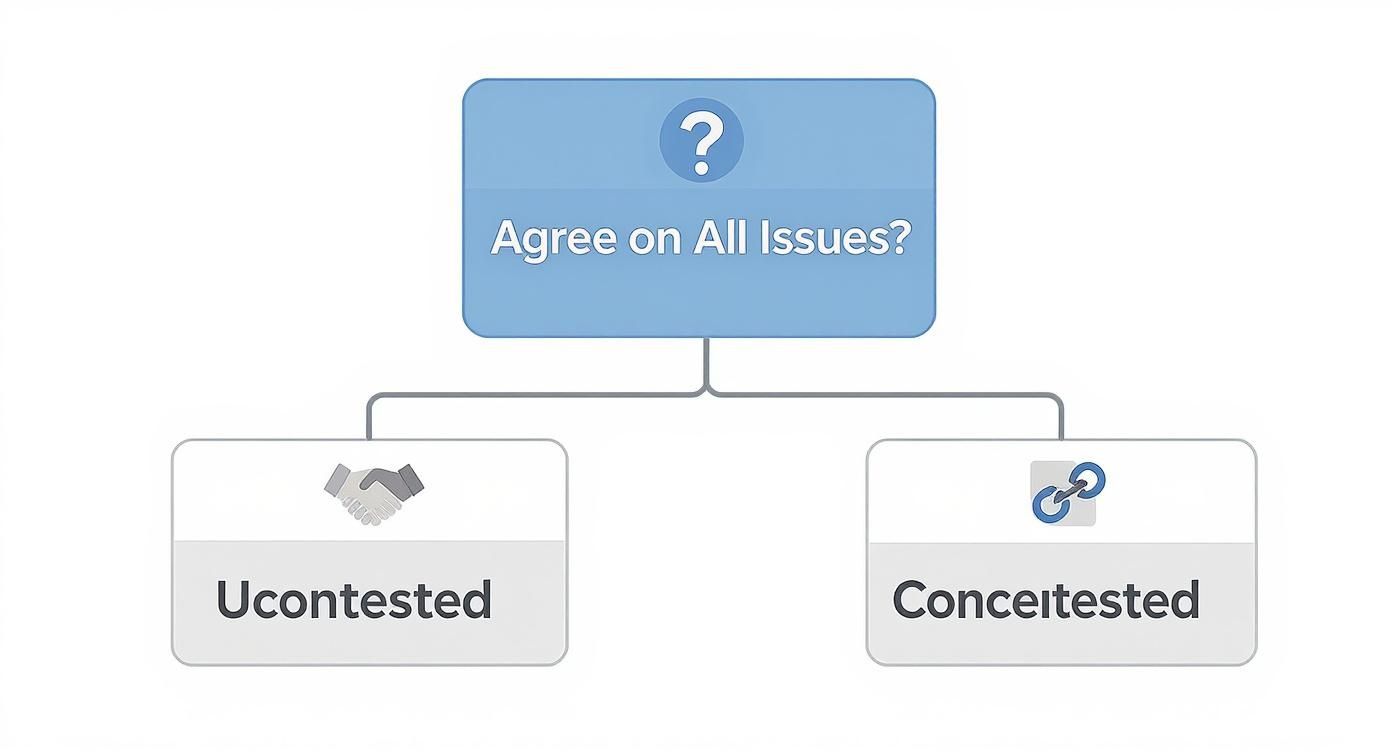 Contested Divorce Attorney in Arkansas - Find Local Help 2 Flowchart with a question 'Agree on All Issues?' leading to 'Uncontested' or 'Conceitested' outcomes.