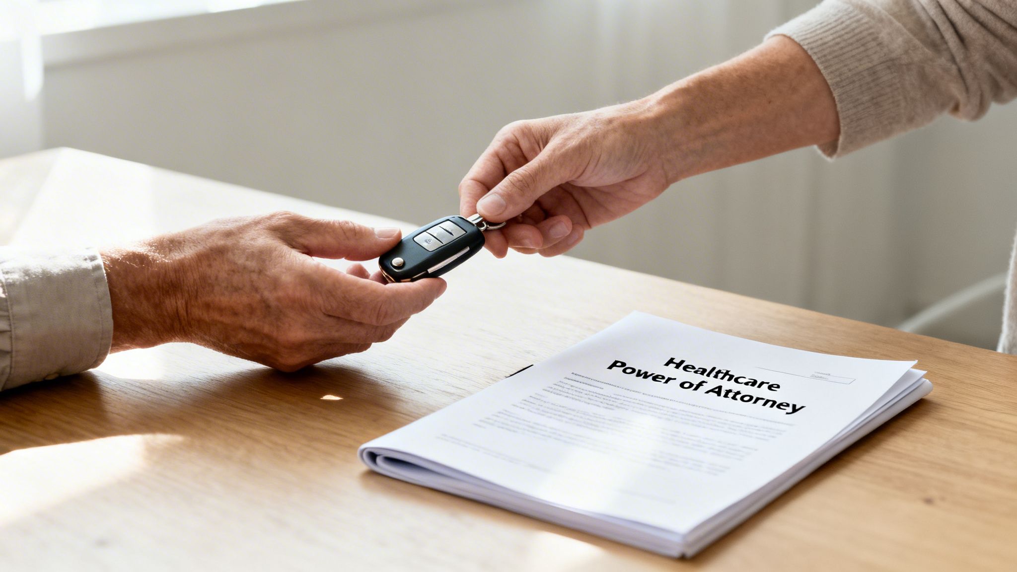 What is a Healthcare Power of Attorney in Arkansas? 1 Hands exchanging a car key over a 'Healthcare Power of Attorney' document on a wooden table.