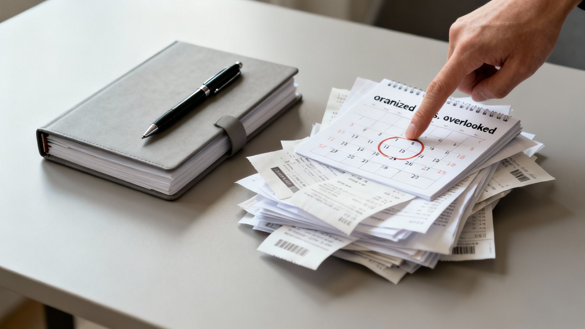 A Simple Guide to Uncontested Divorce Papers in Arkansas 3 A hand points to a circled date on a calendar atop a pile of receipts, next to a notebook.