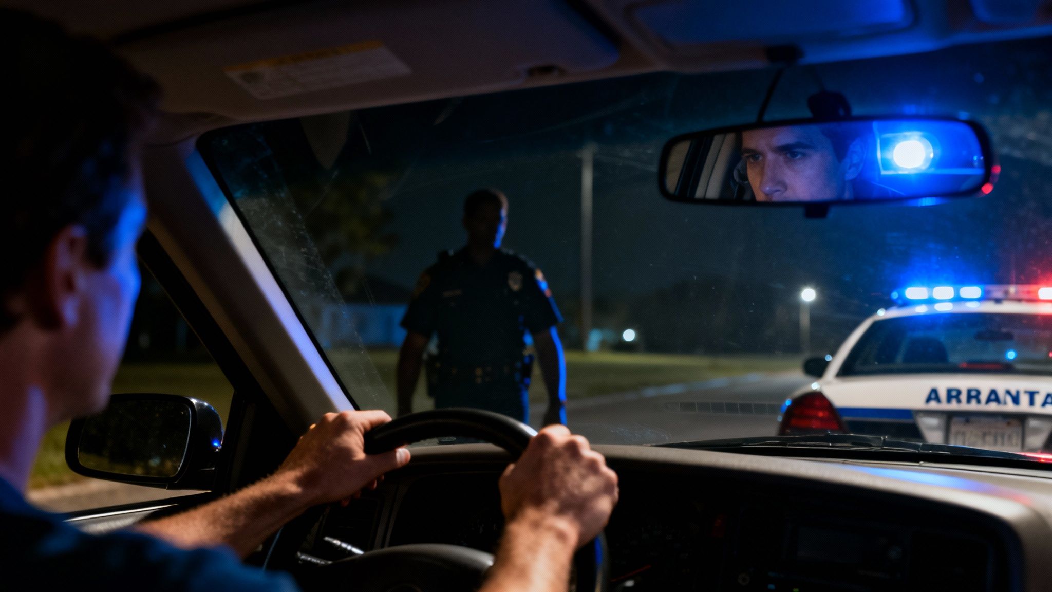 A Simple Guide to Understanding AR DUI Laws 1 A driver looks in the rearview mirror at a police officer approaching their car, with flashing police lights behind.