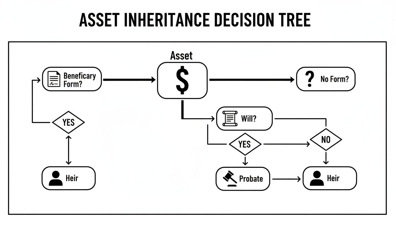 What Is Beneficiary Designation in Arkansas? 3 A flowchart illustrating asset inheritance decisions based on beneficiary forms, wills, and probate processes.