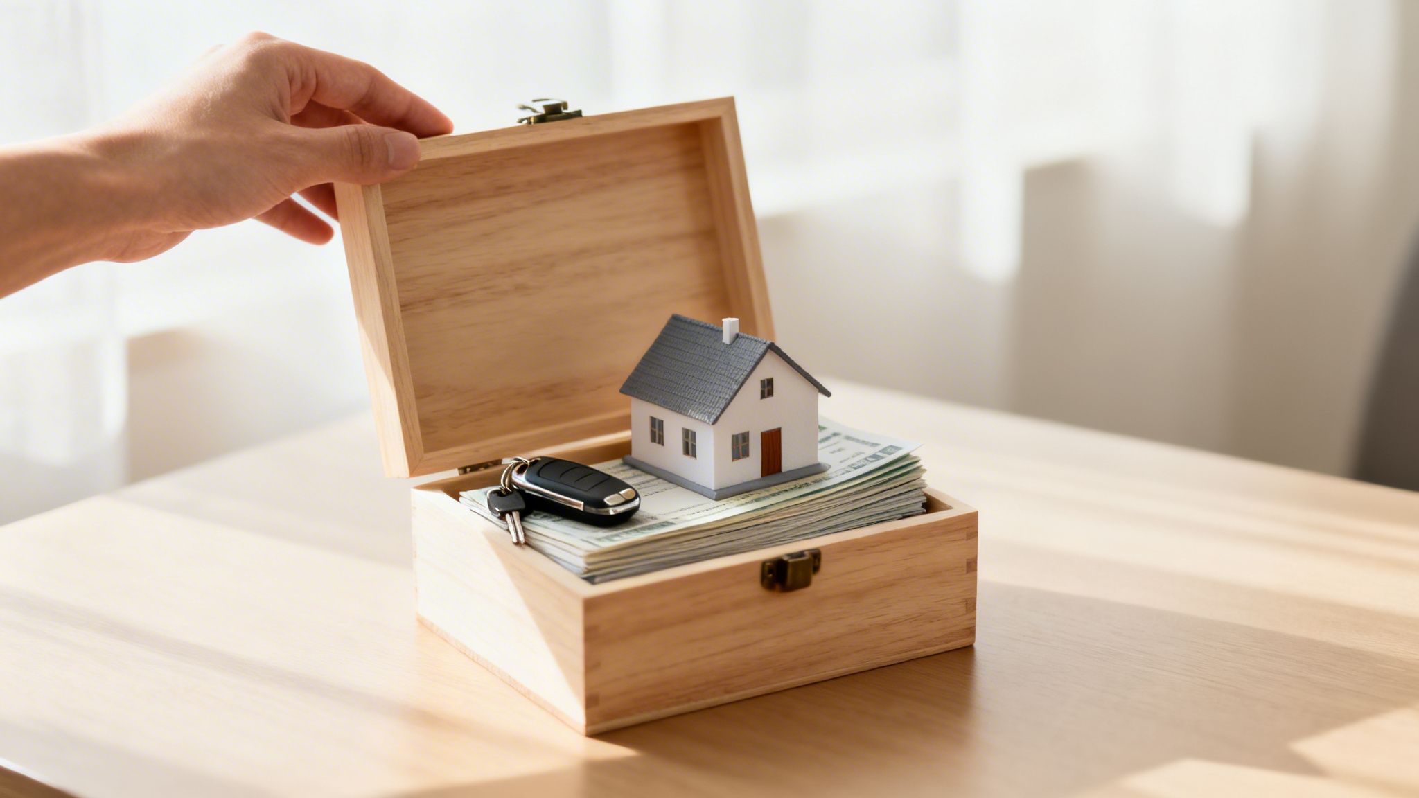What Is a Living Trust? A Quick Guide to Protecting Your Family 1 A hand opens a wooden box filled with stacks of money, a miniature house, and car keys.
