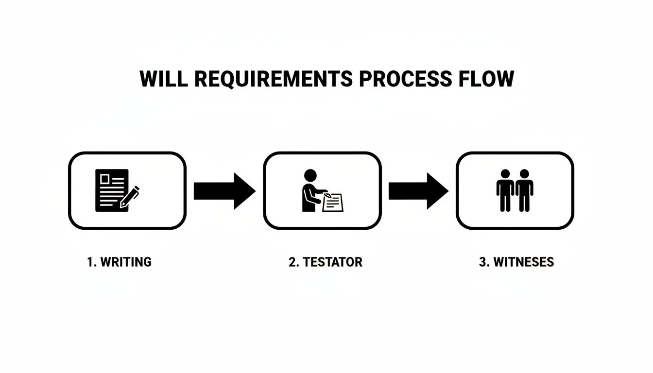 How to Write a Will in Arkansas: A Simple Guide 2 A three-step process flow illustrating will requirements: writing, testator, and witnesses.