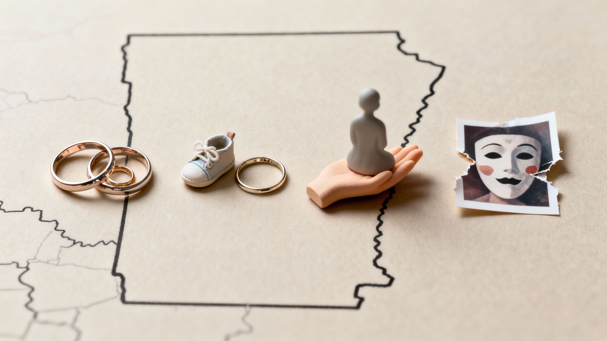 Annulments in Arkansas: A Simple Guide to a Complex Topic 2 Annulment symbols on Arkansas map: rings, baby shoe, figure on hand, and torn mask photo.