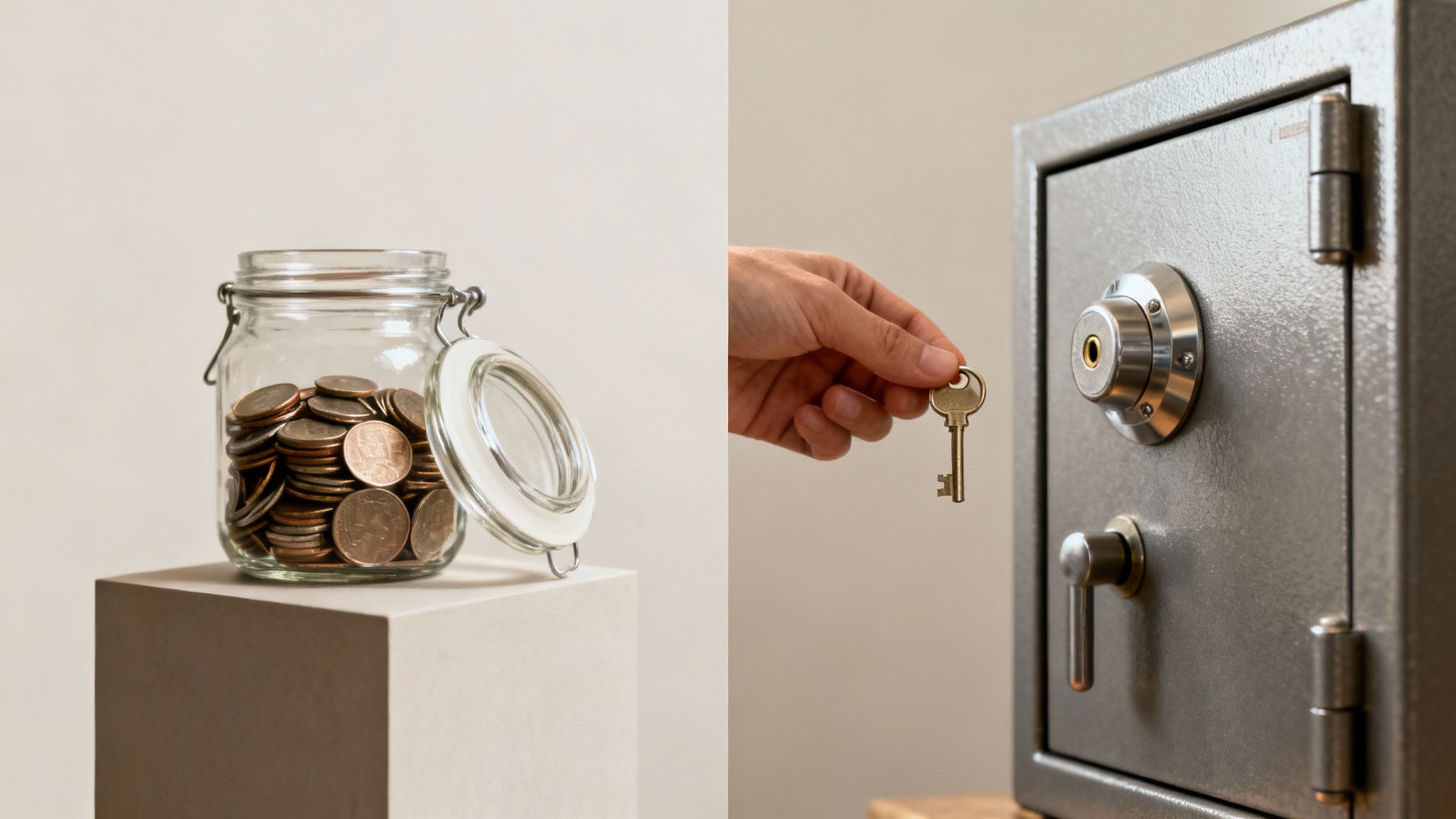 What Is an Irrevocable Living Trust in Arkansas? 2 A glass jar full of coins on the left, and a hand holding a key to a safe on the right, symbolizing financial security.