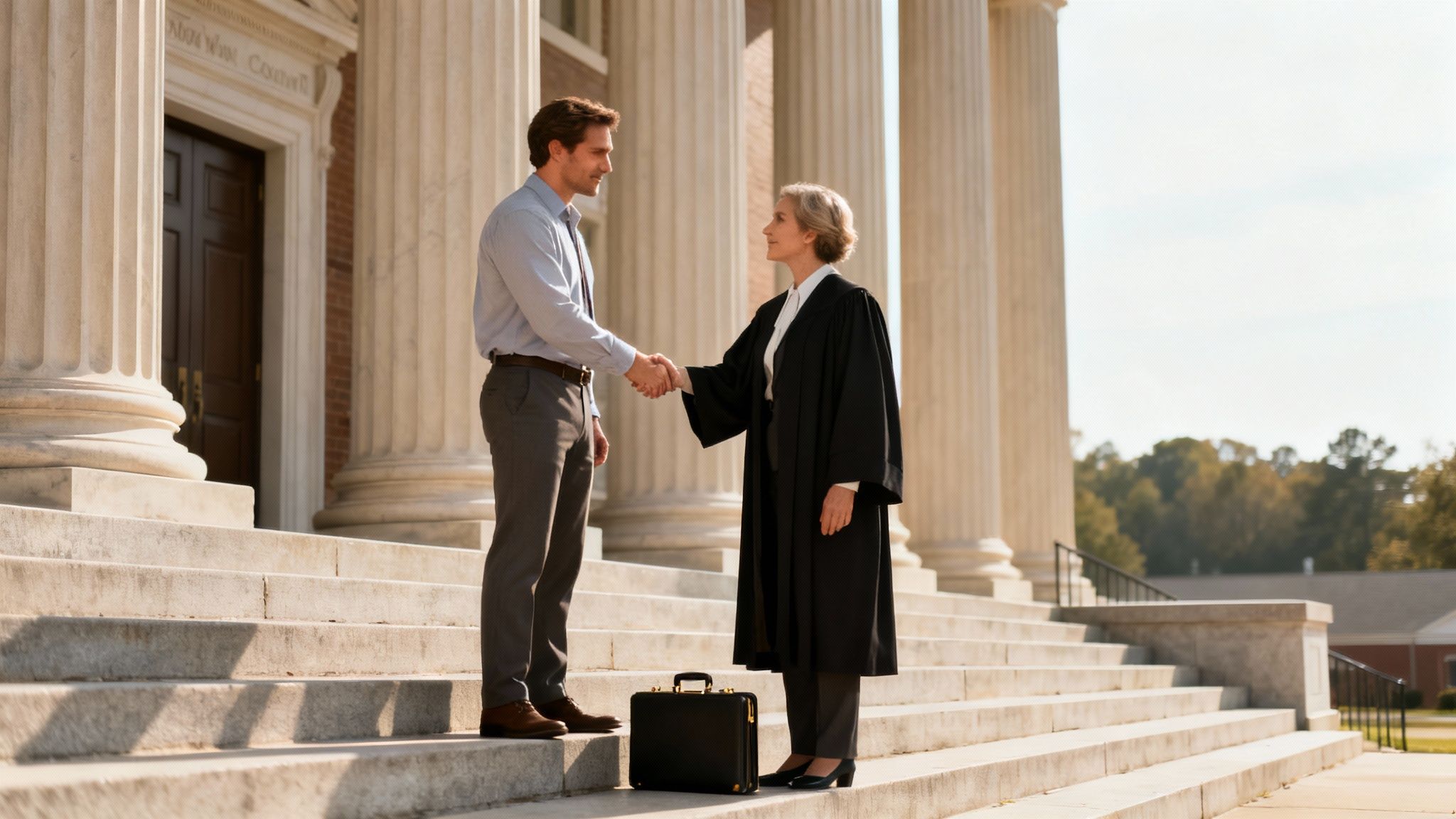 Best Divorce Attorney for a Man Near Me: A Guide for Arkansas Fathers 1 A man and a woman in a judge's robe shaking hands on courthouse steps with a briefcase.