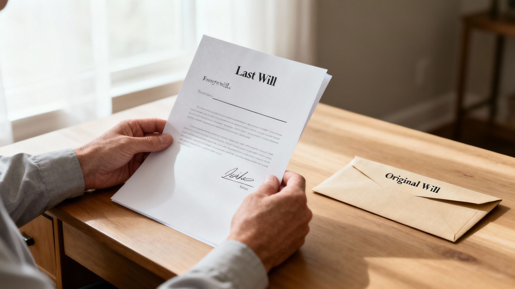 How to Read a Will in Arkansas: A Simple Guide 1 A person's hands hold a Last Will document, with an 'Original Will' envelope nearby on a wooden table.