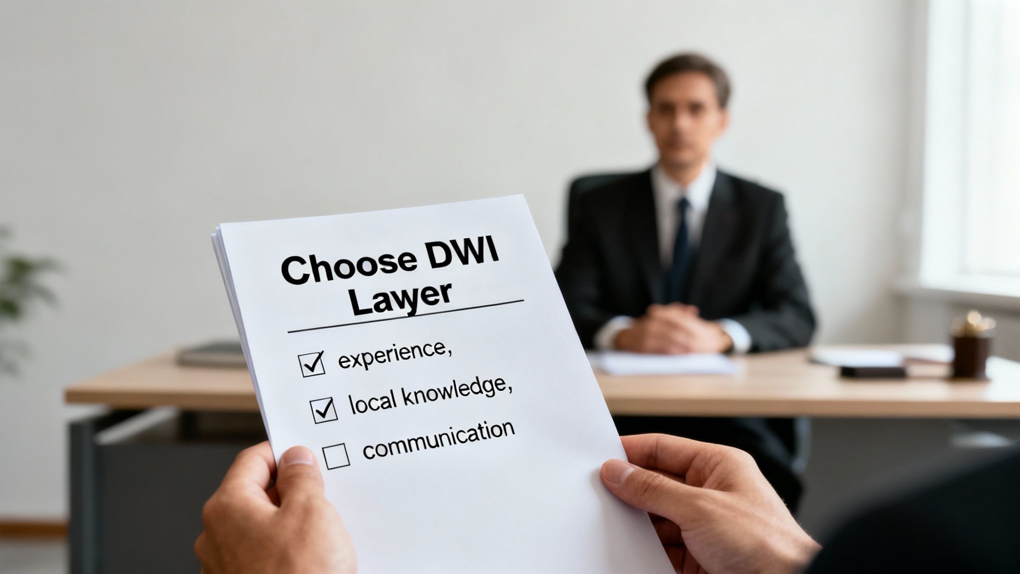 What an Arkansas DWI Lawyer Does for You 3 Person holding checklist for choosing DWI lawyer during consultation meeting with attorney in office