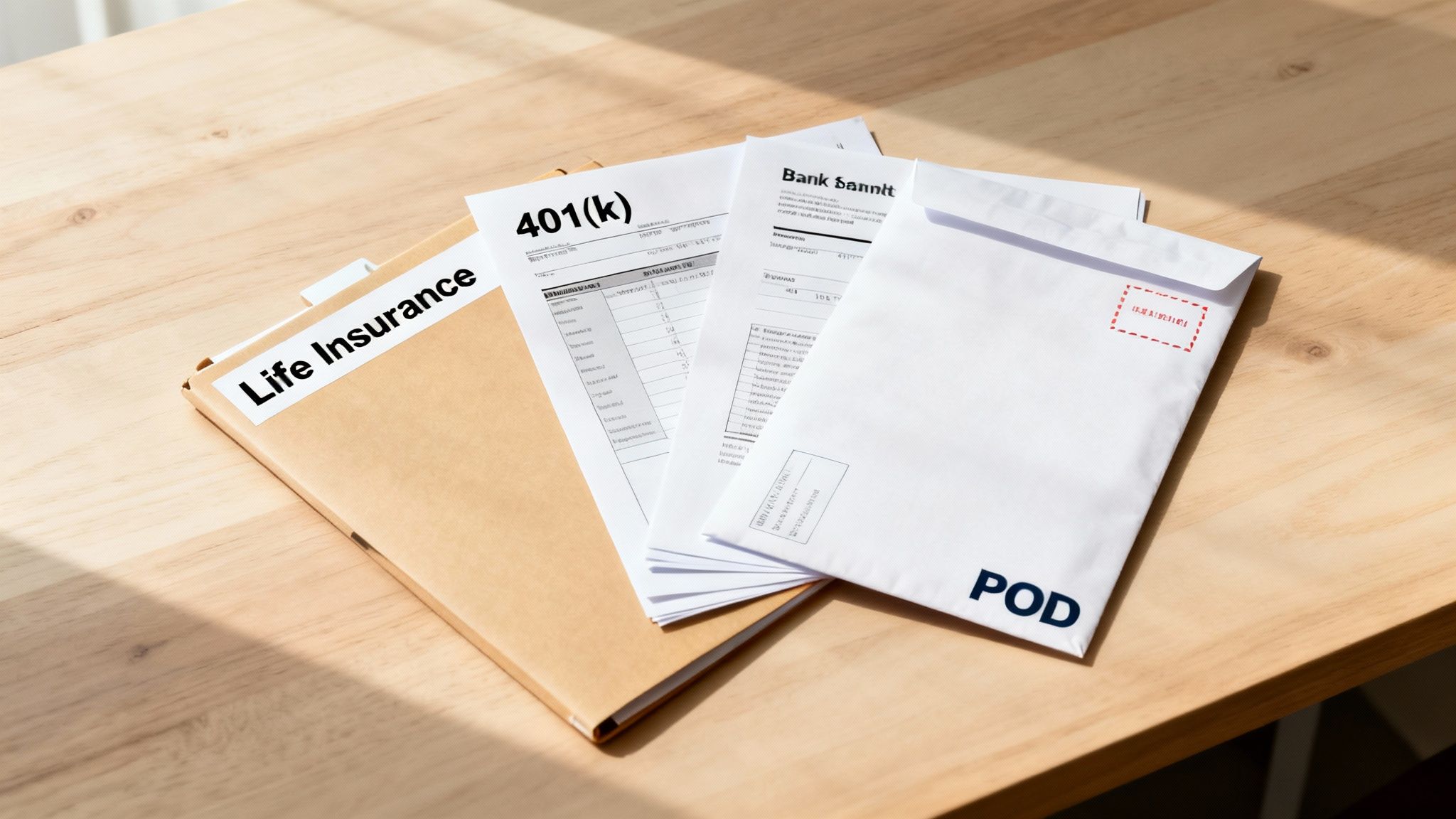 What Is Beneficiary Designation in Arkansas? 2 A folder labeled 'Life Insurance', 401(k) documents, and a 'POD' envelope on a wooden table.