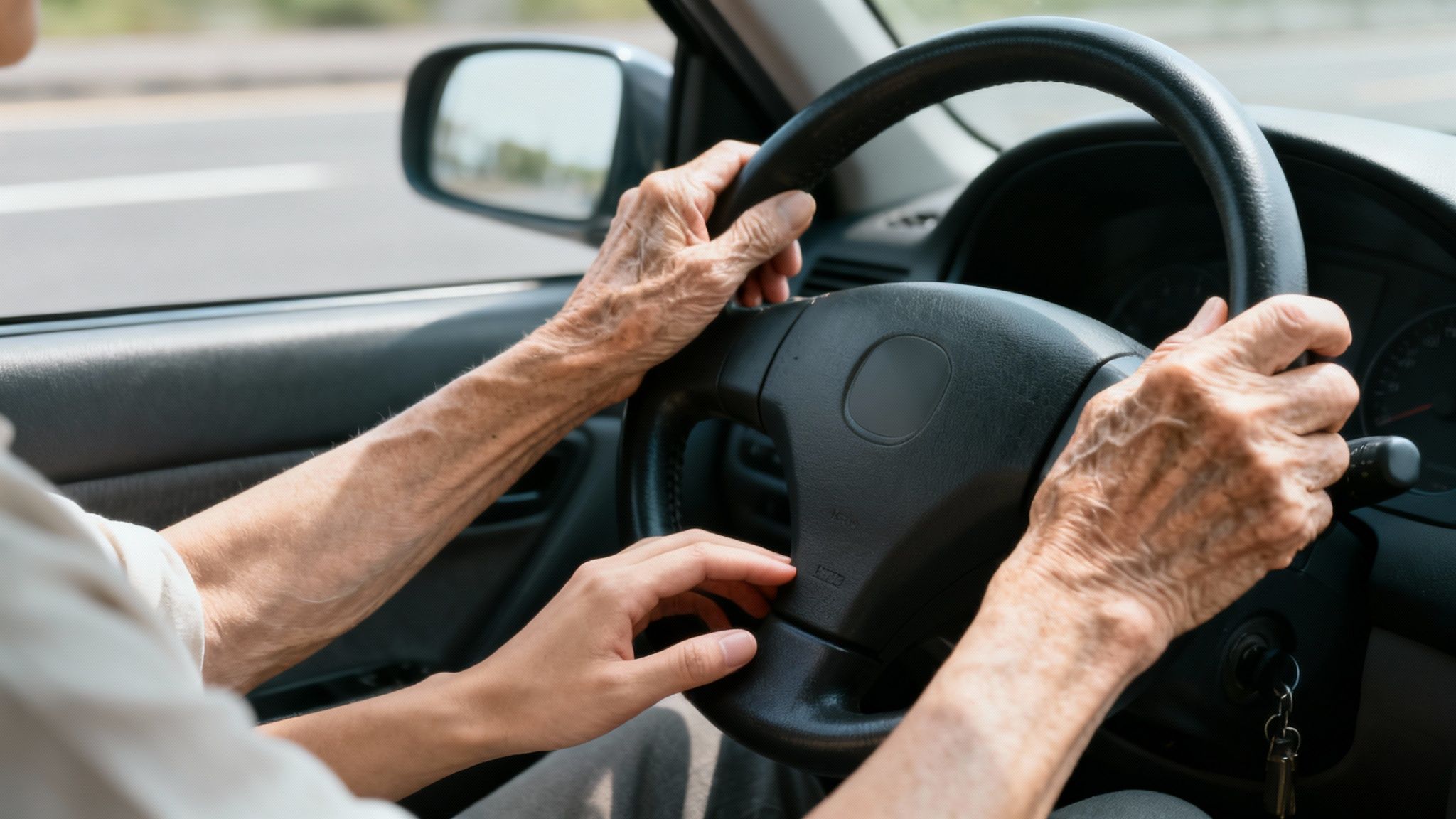 What Is Testamentary Capacity? A Simple Arkansas Guide 3 Elderly hands on a steering wheel with younger hands offering support inside a car.