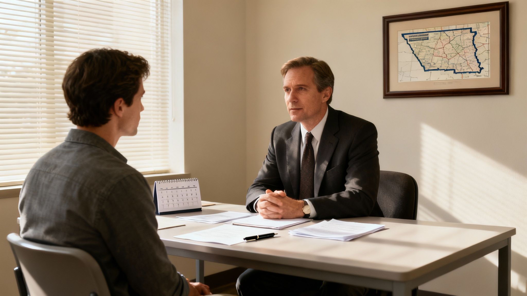 How to Find a Lawyer for Divorce Near Me in Arkansas 4 A person sitting across from a lawyer at a desk, having a serious discussion.