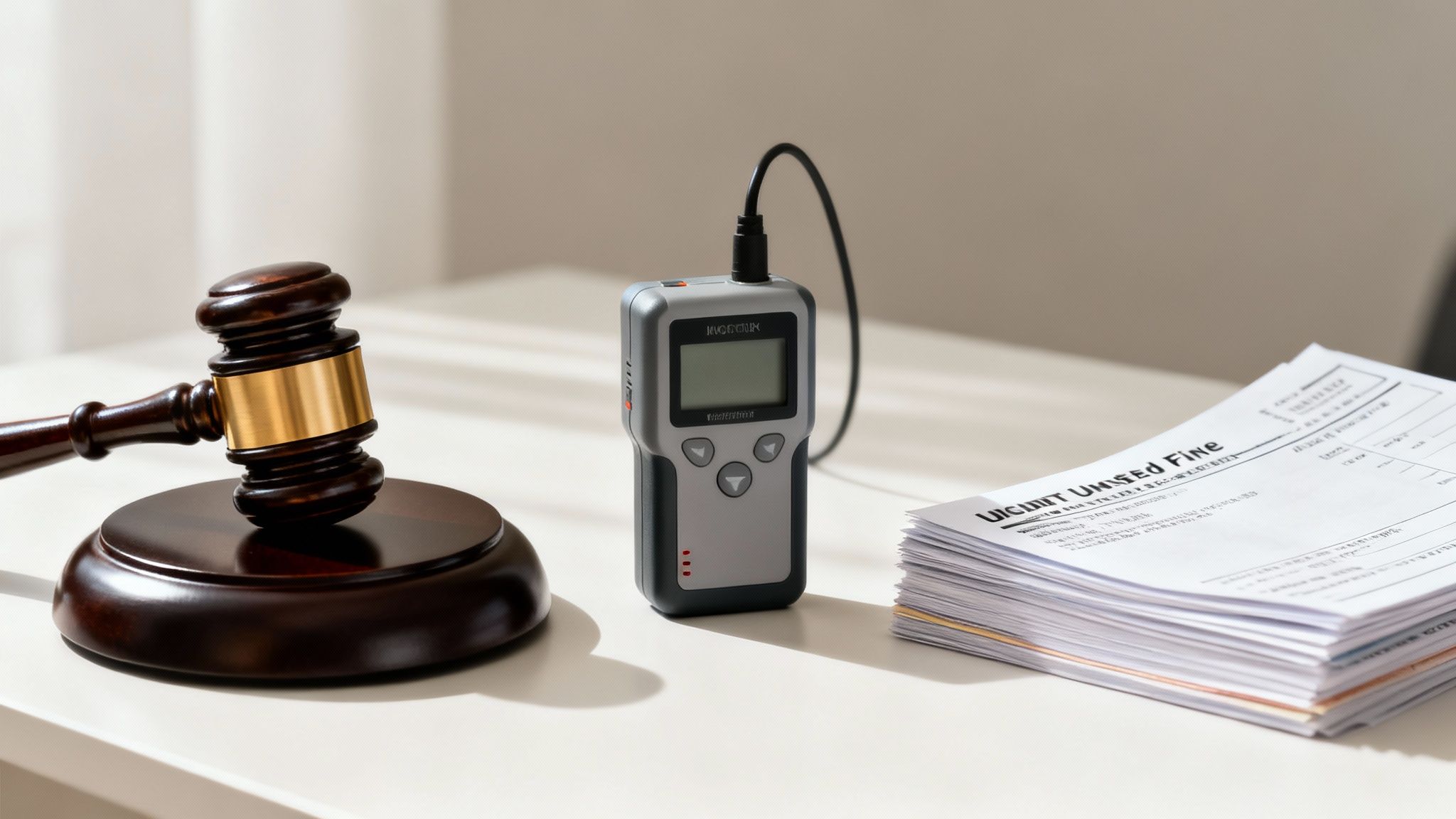 DWI 1st Offense Arkansas: A Guide to Your First DWI Charge 2 A gavel, a breathalyzer device, and legal documents on a table, symbolizing law and justice.