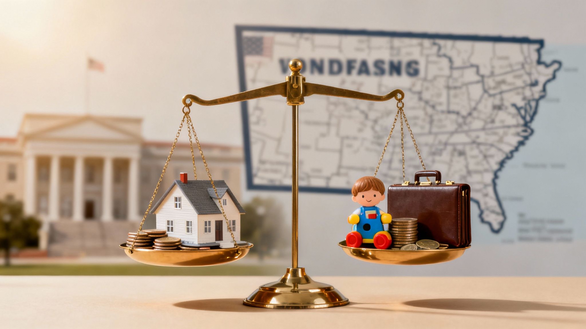 What Is Marital Property in an Arkansas Divorce? 2 A balance scale weighing a house and coins against a toy figure, briefcase, and money.