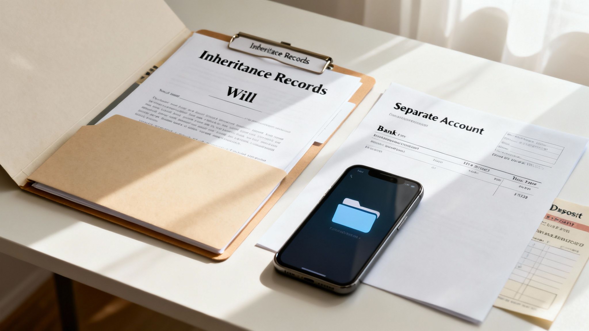 How to Protect Inheritance from Divorce: Essential Tips & Safeguards 3 A flat lay of inheritance records, a will, separate account documents, and a smartphone on a white desk.