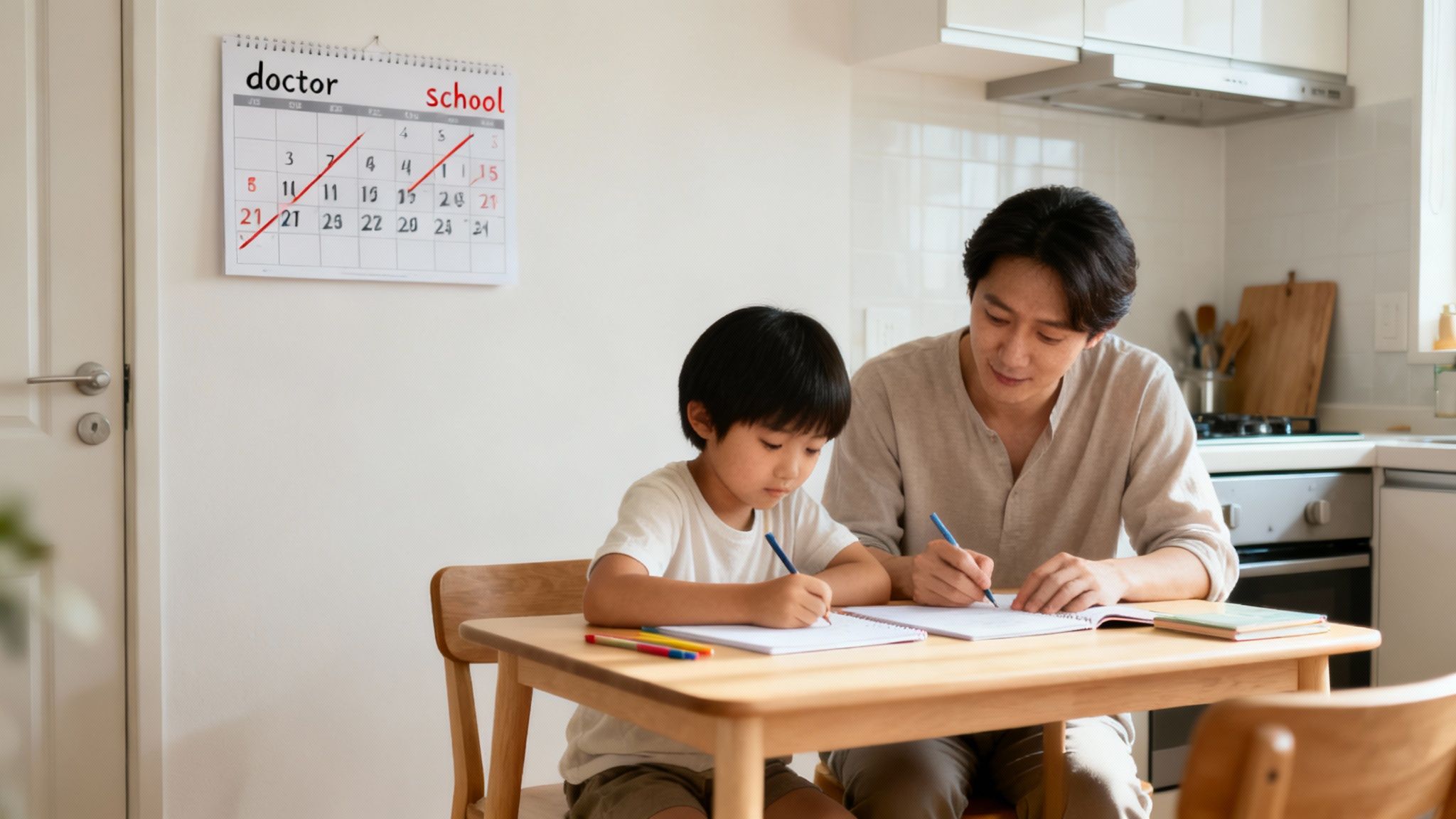 How to get full custody: A Guide for Arkansas Parents 2 A father and young son concentrate on drawing with colored pencils at a wooden table.