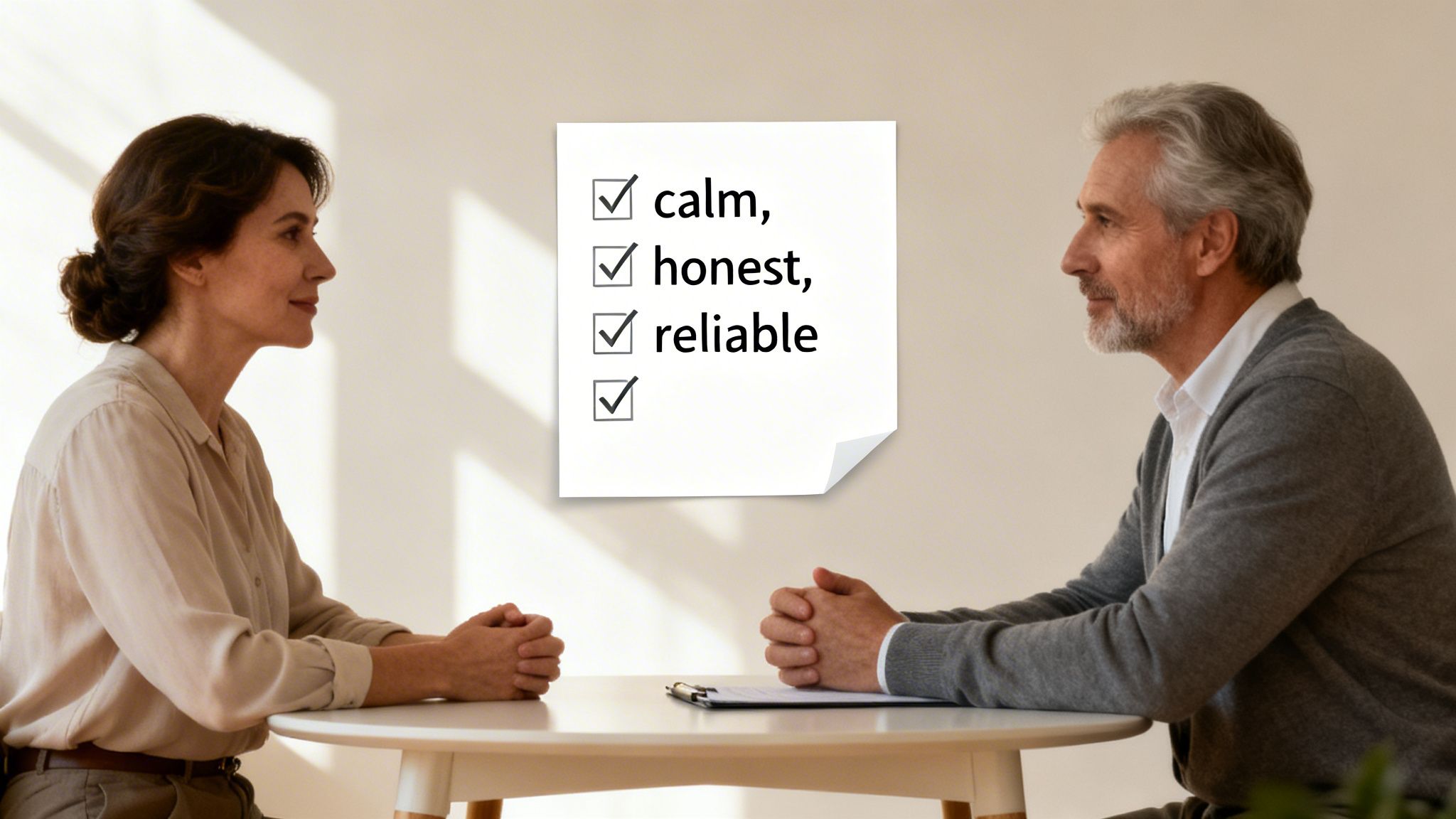 What is a Healthcare Power of Attorney in Arkansas? 2 Two individuals in a meeting, with a checklist overlay displaying 'calm, honest, reliable' qualities.